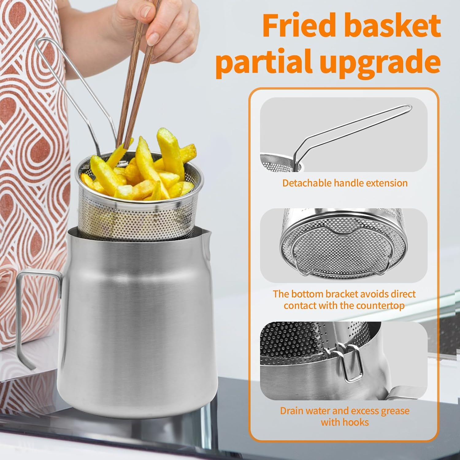 AVOWB.T.Q 304 Stainless Steel Oil Strainer Pot, 2.0L Large Capacity Versatile Oil Filter Vessel,Bacon Grease Saver with Fine Mesh Strainer and Frying Basket Frying Net for Kitchen