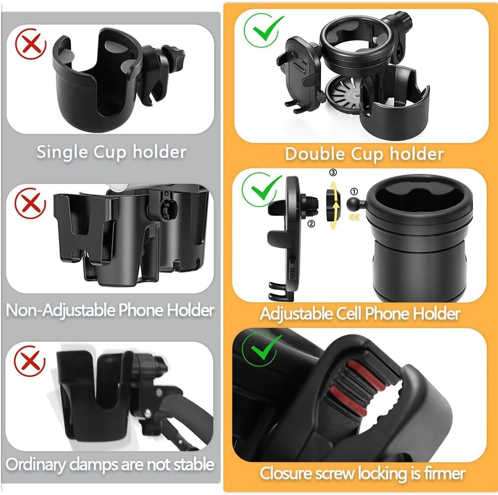 3-In-1 Stroller Cup Holder with Phone Mount &ndash; Universal 360&deg; Rotating Drink Holder for Stroller, Bike, Wheelchair, Scooter & Walker, Adjustable Bottle & Phone Rack (Black) image number 2