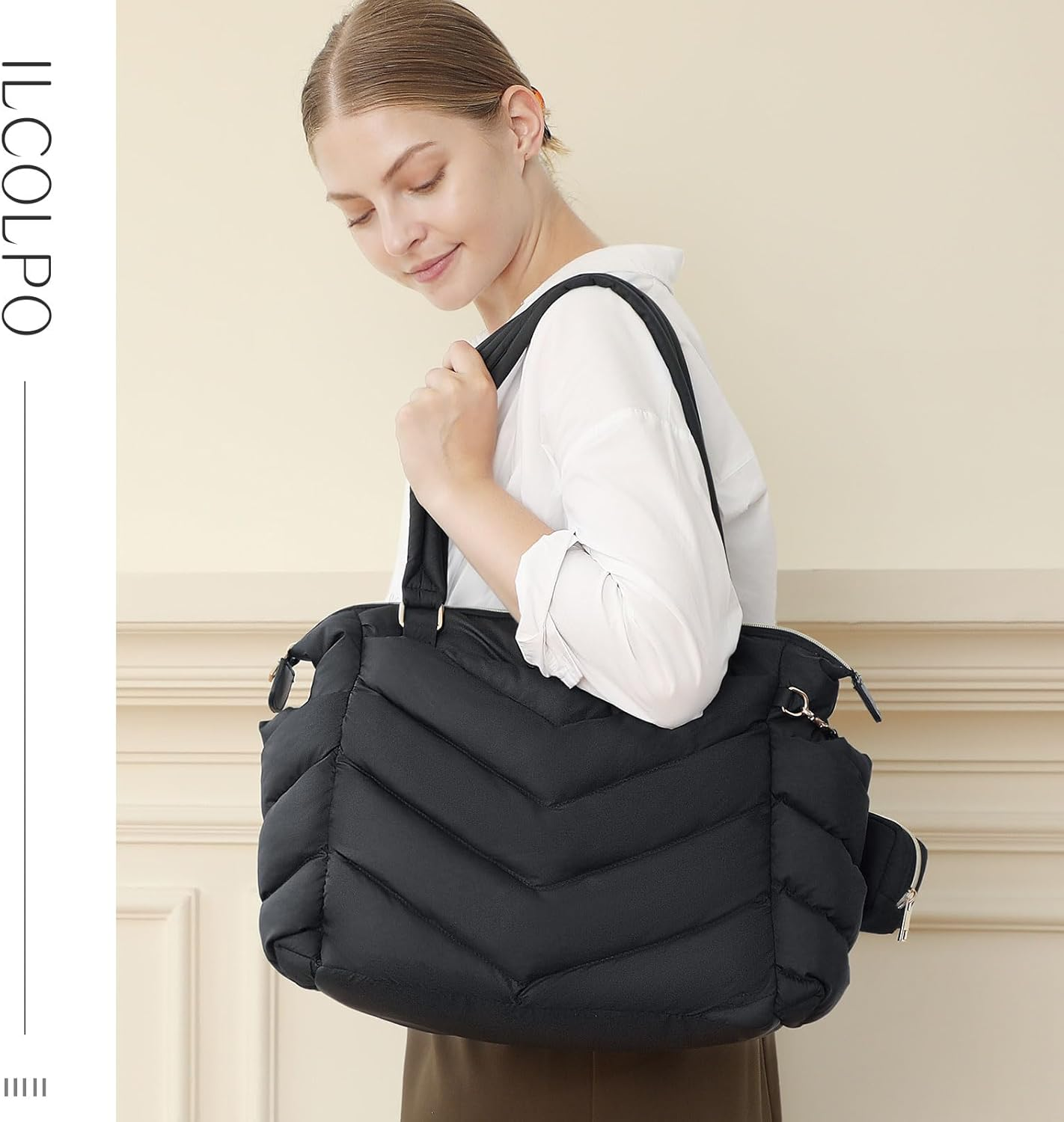 ILCOLPO Diaper Bag Tote with Pacifier Case, Lightweight Travel Diaper Bag Backpack with 10 Pockets - Apricot image number 4