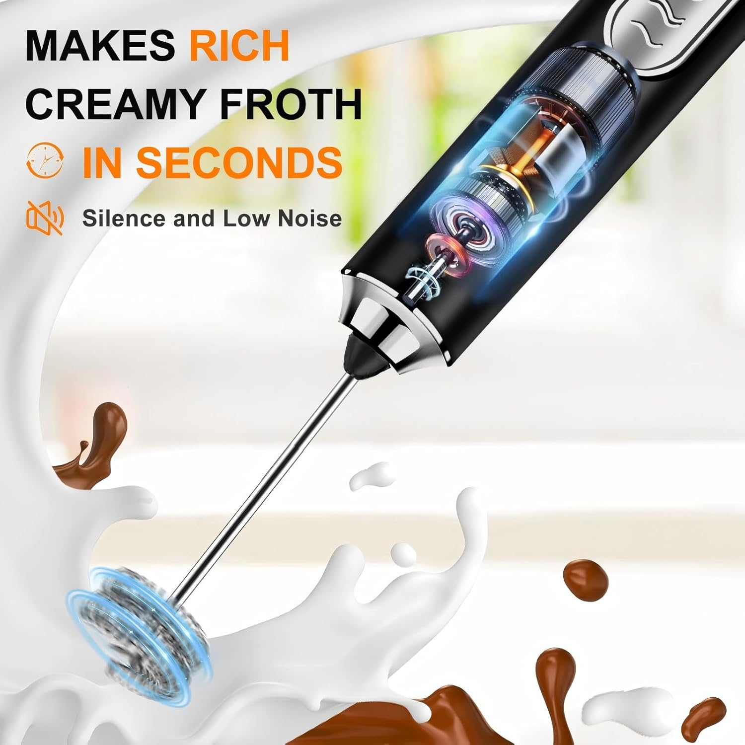 Kitchen Powerful Milk Frother, Rechargeable Milk Frother, 3-Speed Electric Handheld Frother for Coffee, Drink Mixer, Whisk Foam Maker for Coffee, Matcha, Hot Chocolate & Creamer - Black image number 1