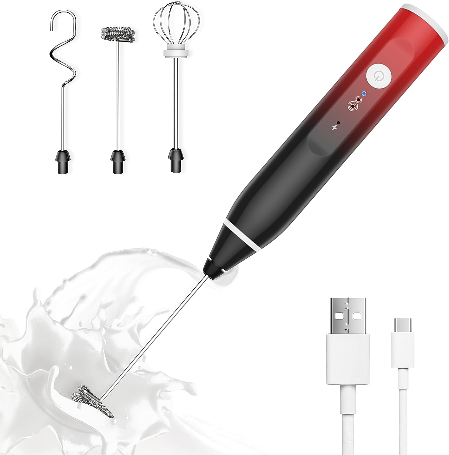 Milk Frother Rechargeable Handheld Electric Whisk Coffee Frother Mixer with 2 Stainless Whisks 3 Speed Adjustable Foam Maker Blender for Coffee Matcha Latte Cappuccino Hot Chocolate（Black）