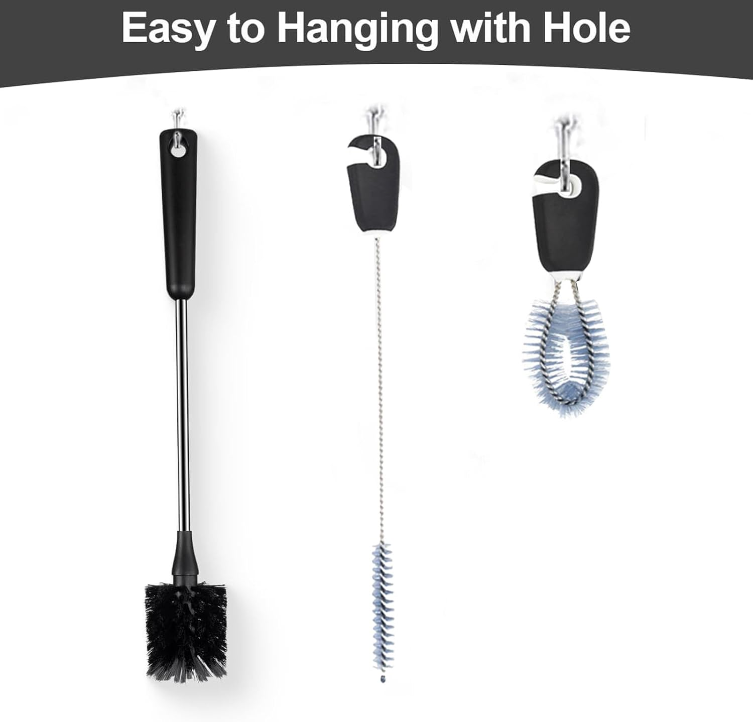 Water Bottle Brush: 3-Piece Set with Bottle Brush, Straw Brush, Lid Brush. Stainless Steel Handle, 15-Inch Long, Ideal for Cups, Wine Glasses, Mugs&mdash;Practical Kitchen Cleaning Tools, Black. image number 5