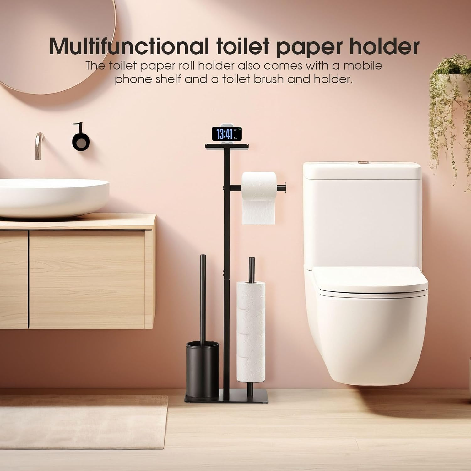 Maxkon Toilet Paper Holder Free Standing Toilet Paper Holder Stand with Storage Shelf & Toilet Brush Bathroom Toilet Paper Roll Holder Floor Standing Toilet Roll Black image number 4