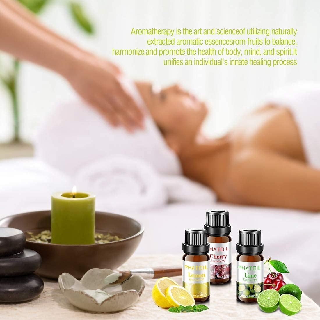 PHATOIL Fruity Fragrance Essential Oil Set 10 X 10 Ml, Aromatherapy Premium Grade Oils Kit, Cherry, Mango, Coconut, Lemon, Apple, Passion Fruit, Watermelon, Sweet Orange, Lime, Strawberry image number 1