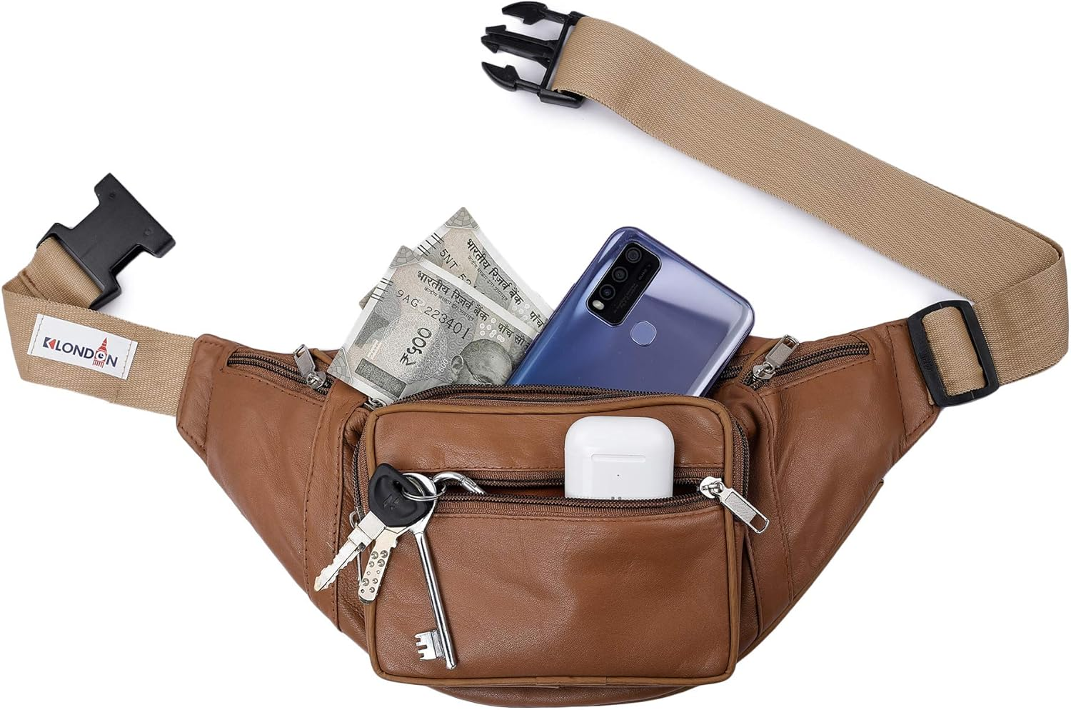 K London Leather Tan Men Women Waist Bag Fanny Bag Travel Pouch Passport Holder (1446_Tan), Beige, L, Fashion Waist Packs - Brown image number 4