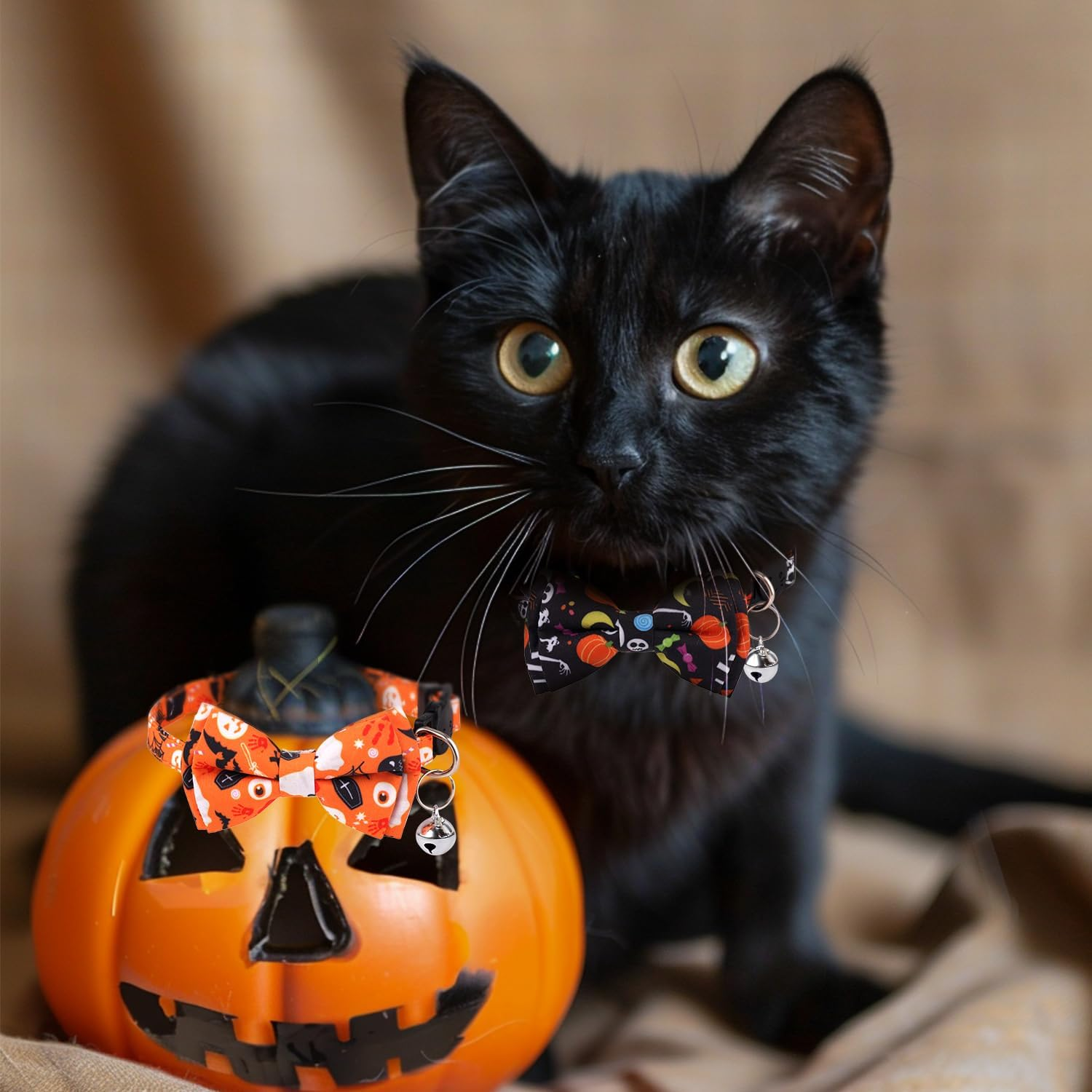 2 Halloween Cat Collars, Adjustable Cotton Fabric Cat Collar with Bell Soft and Comfortable Cats with Bow (Black+Skull, Orange+Pumpkin) image number 3