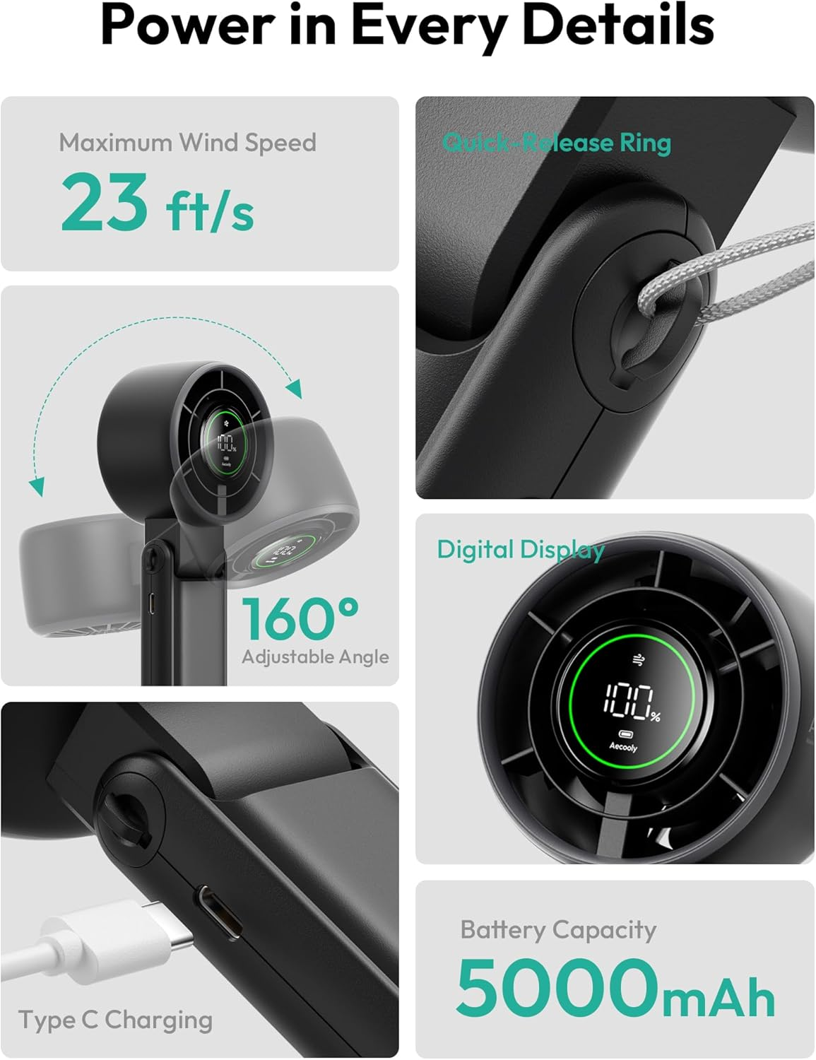 Aecooly 3 in 1 Portable Fan, Turbo Handheld Fan, USB Rechargeable Mini Personal [22H Max Cooling Time], Battery Powered Small Foldable Pocket for Travel Essentials, Gifts for Women, Girls - Black image number 3