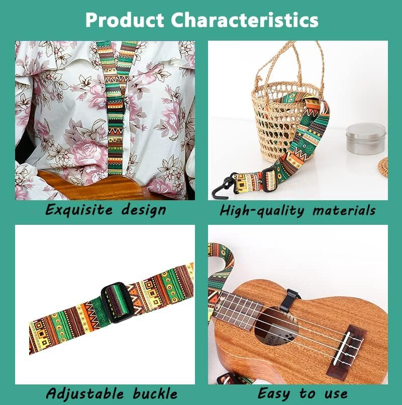 Ukulele Strap, Adjustable Mayan Style Ethnic Guitar Strap with Clip, 23"-55" ，For Acoustic Guitar, Electric Guitar, Bass, and Ukulele