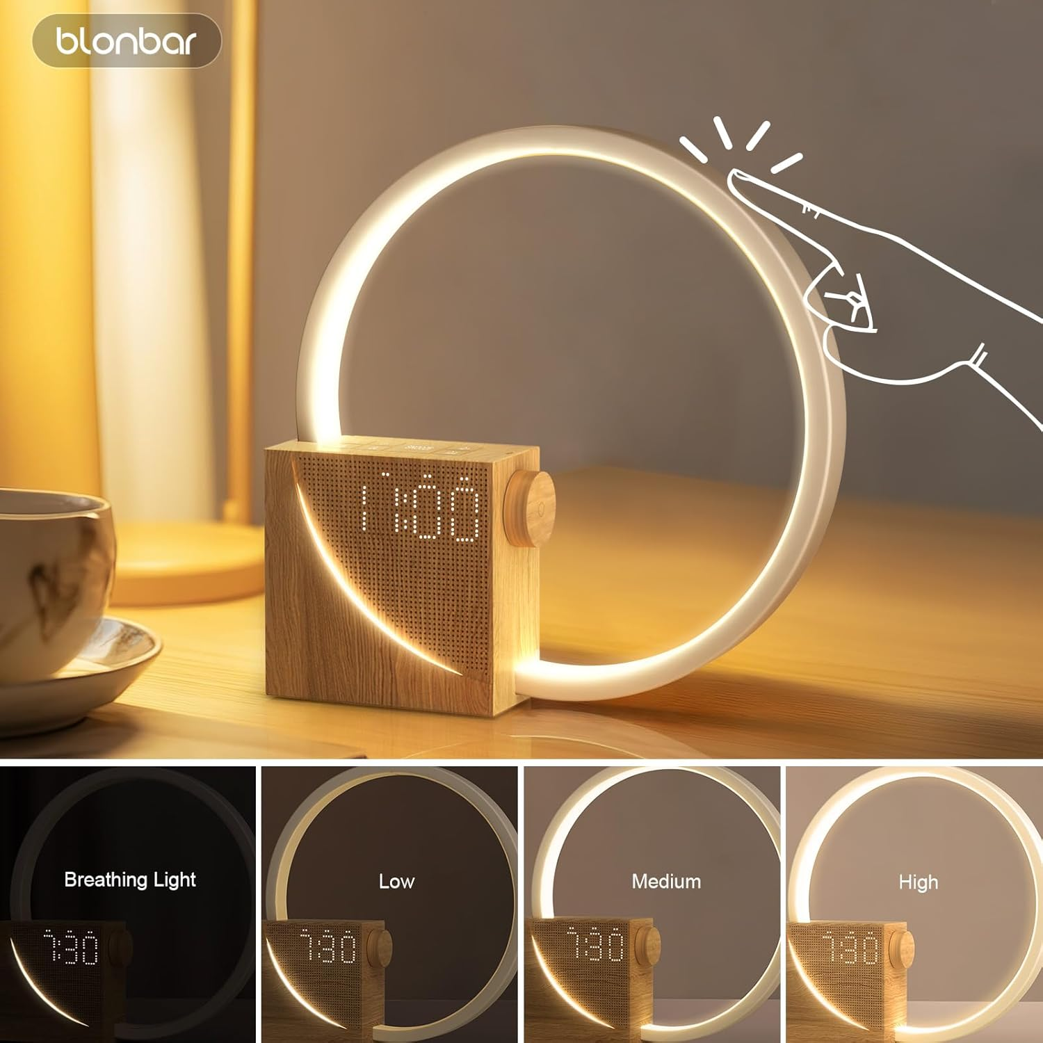 Blonbar Sunrise Alarm Clock for Heavy Sleepers, Wake up Light with Dual Alarms Sunrise Simulation USB Charging Port 4-Level Dimmable, Night Light 10 Natural Sounds Snooze Alarm Clocks for Bedrooms image number 6
