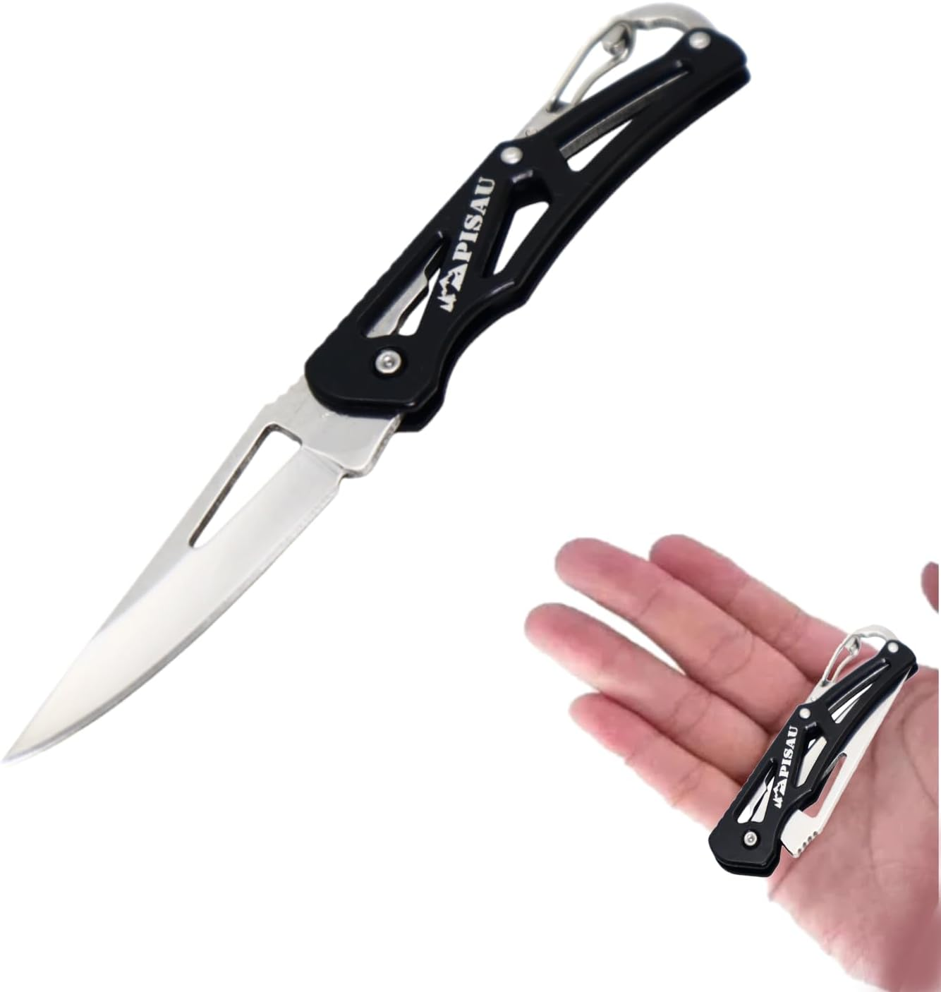 PISAU Small Stainless Steel Camping Folding Knife with Carbinner for Emergceny, Fishing and Camping (Pink)