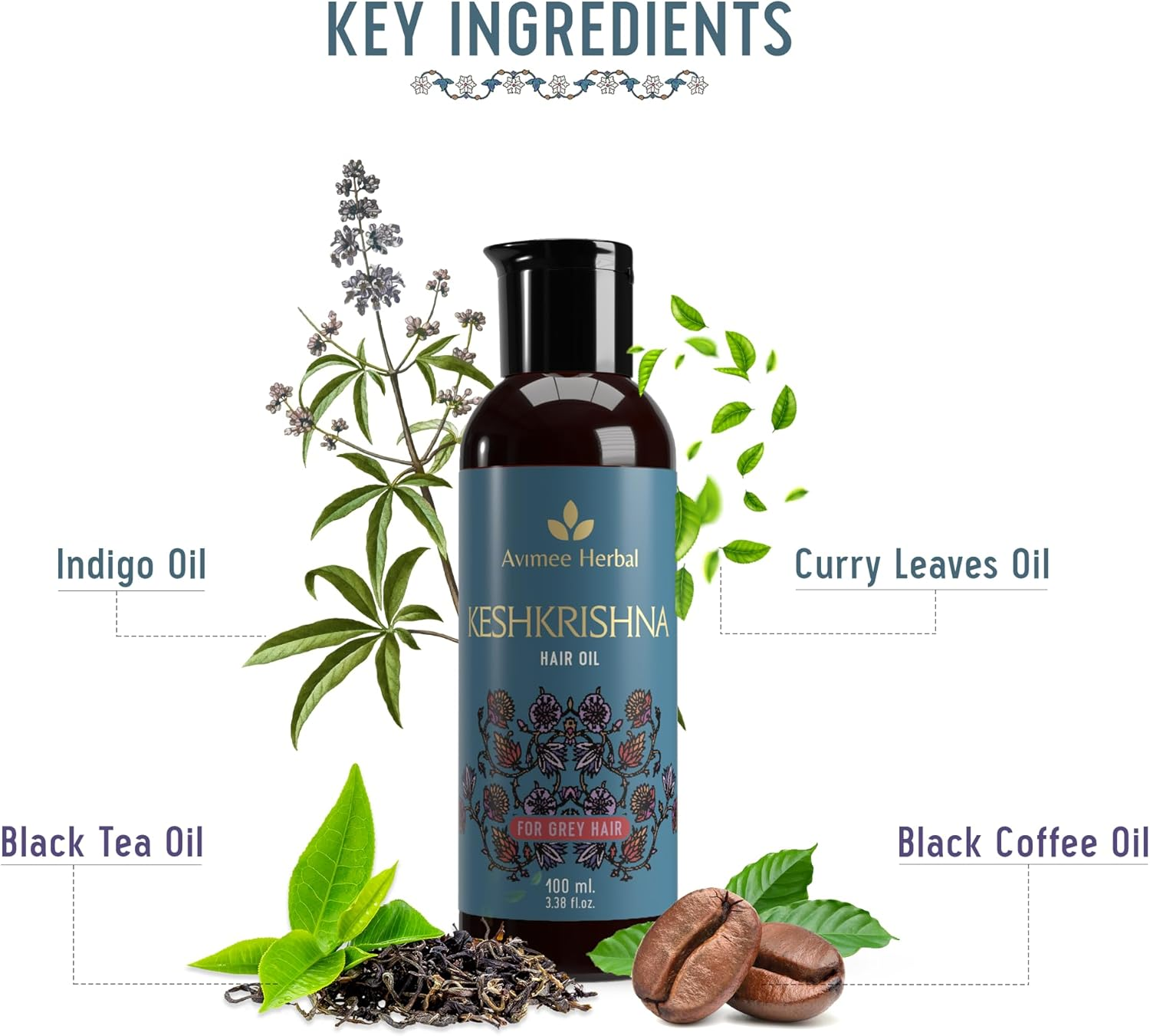 AVIMEE Herbalkeshkrishna Hair Oil | with Indigo, Amla, Currly Leaf and Henna Oil | Mineral Oil Free | 100 Ml image number 4