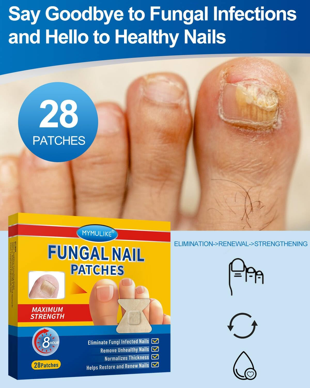 MYMULIKE 28 Pcs Fungal Nail Patches, Fungal Nail Patches for Toenails Extra Strong, Hydrogel Patches for Overnight Repair, Toenail Fungus Relief with Visible Results in 8 Hours image number 1