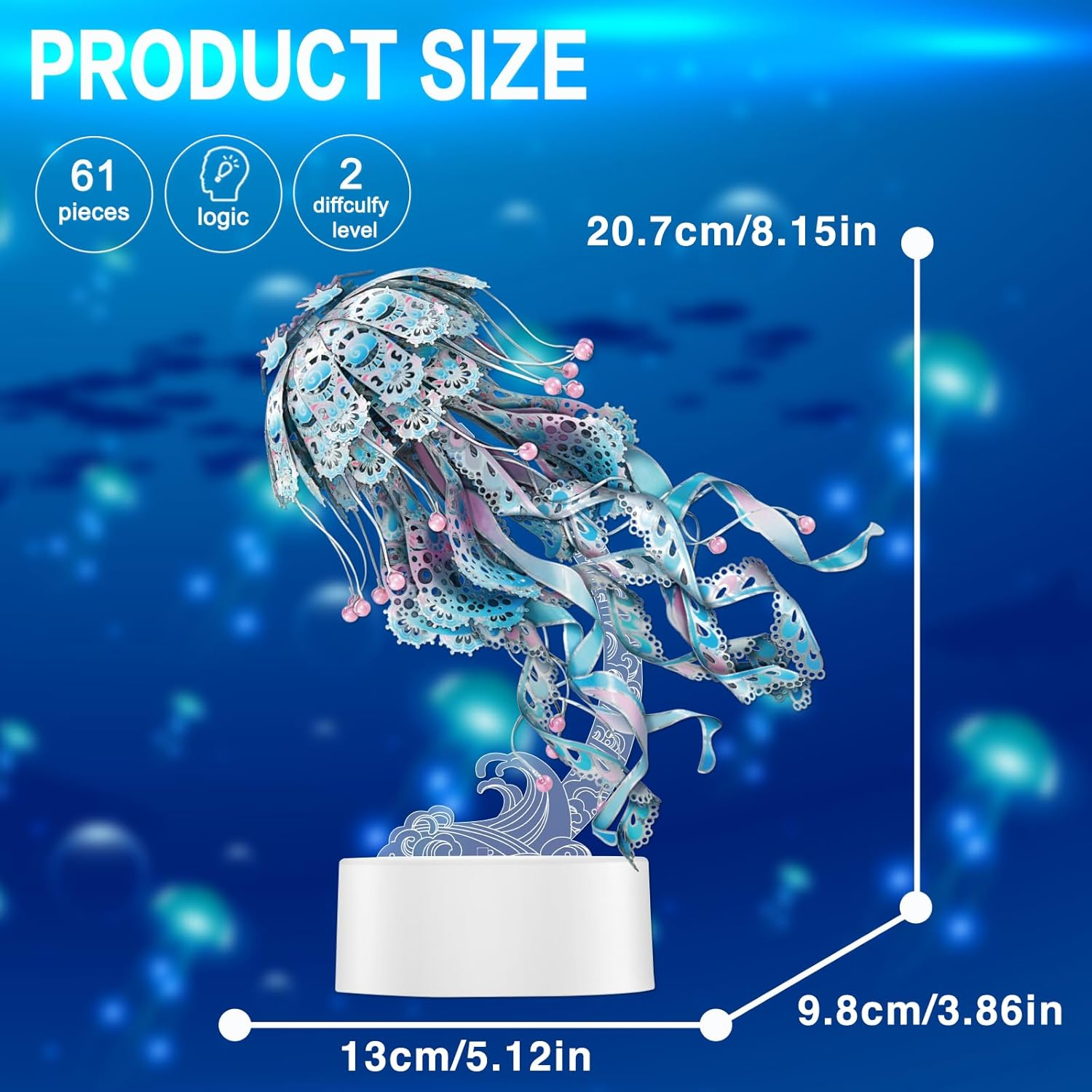 Piececool 3D Puzzles for Adults, Jellyfish Night Light with USB Plug, Ocean Animals 3D Metal Model Building Kits, DIY Assembling Arts and Crafts, Blue image number 6