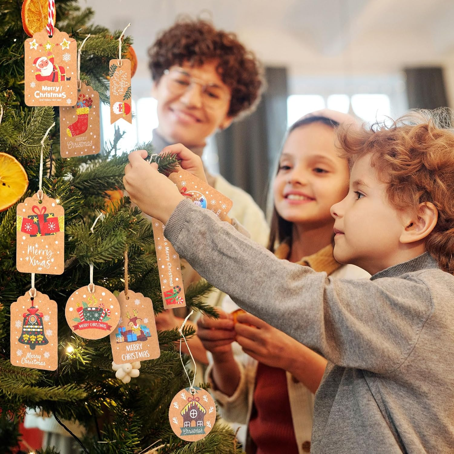 Hianjoo 110 Pcs Christmas Kraft Paper Gift Tags with Jute Twine, Xmas Gift Tags Parcel Tags Tree Present Hang Labels for DIY Homemade Holiday Present Wrap Stamp Label Package Name Tag, Golden - Silver image number 2