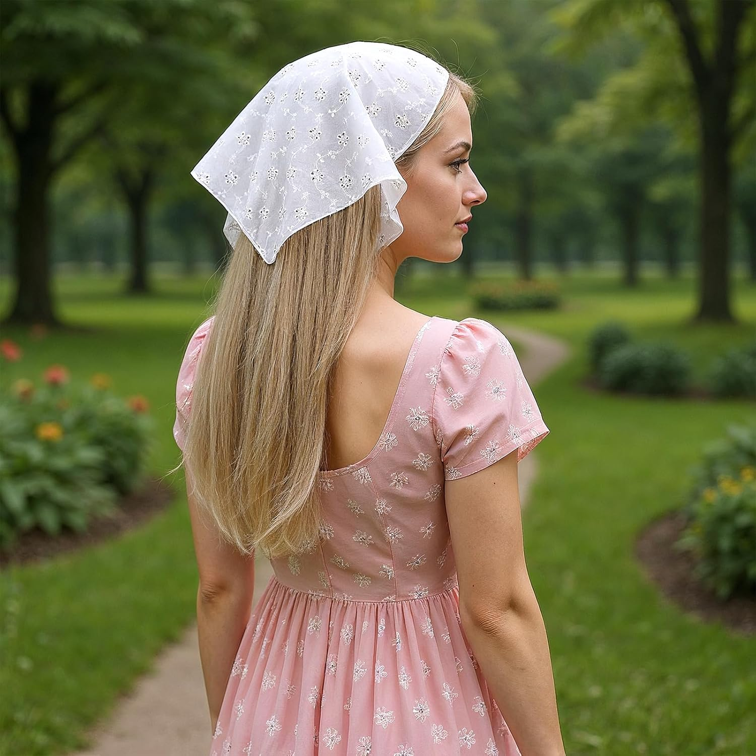 Bandana Headband - Lace Head Scarf, Head Scarf for Girls Cute Adjustable Bandanas, Boho Eyelet Crochet Bandana Headbands, Elegant White Heads Scarfs Hair Accessories for Women image number 5