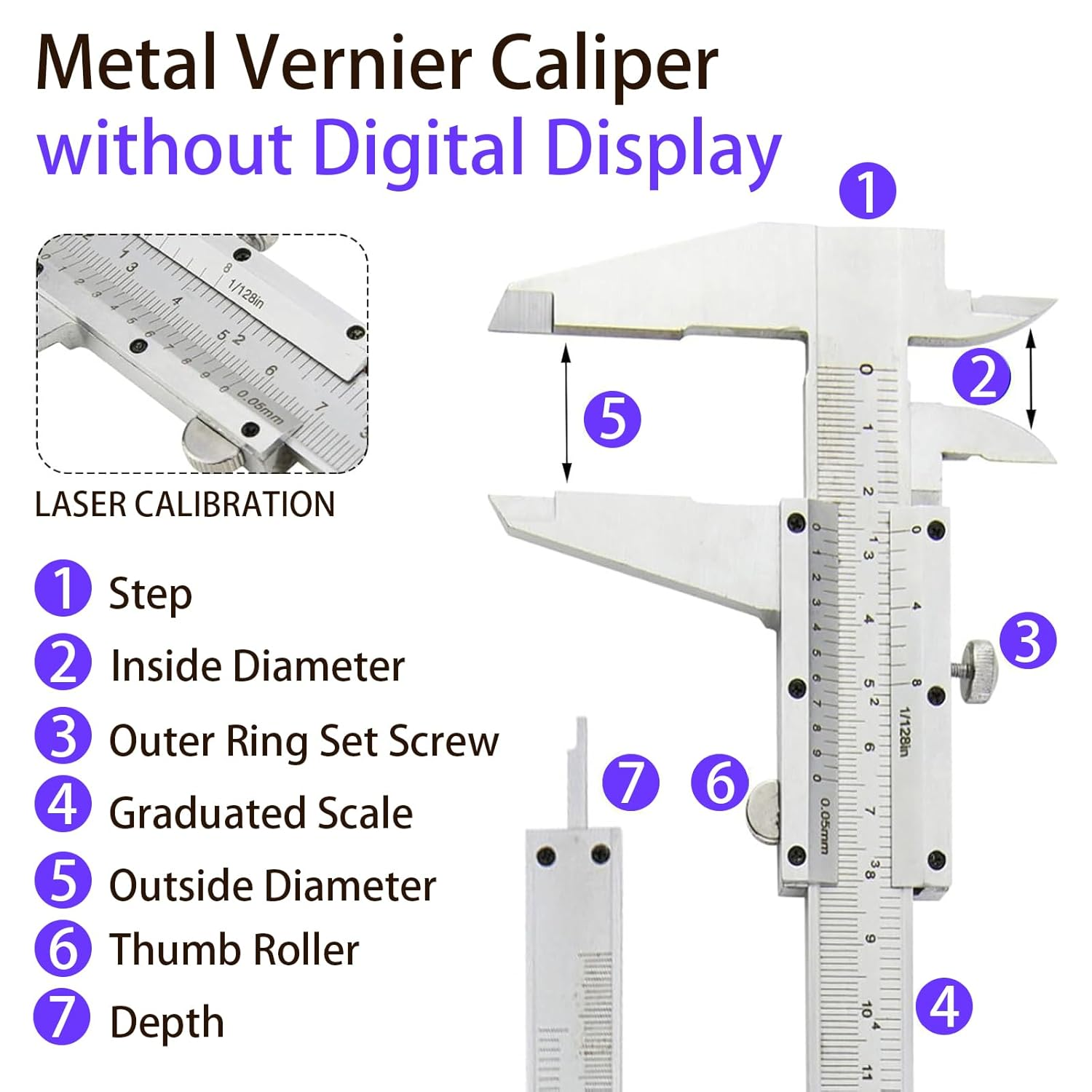 Wentworth 6" (150Mm) Stainless Steel, High Precision Micrometer, Dual Scale 1/128" & 0.05Mm, Carbon Caliper Measuring Tool image number 4
