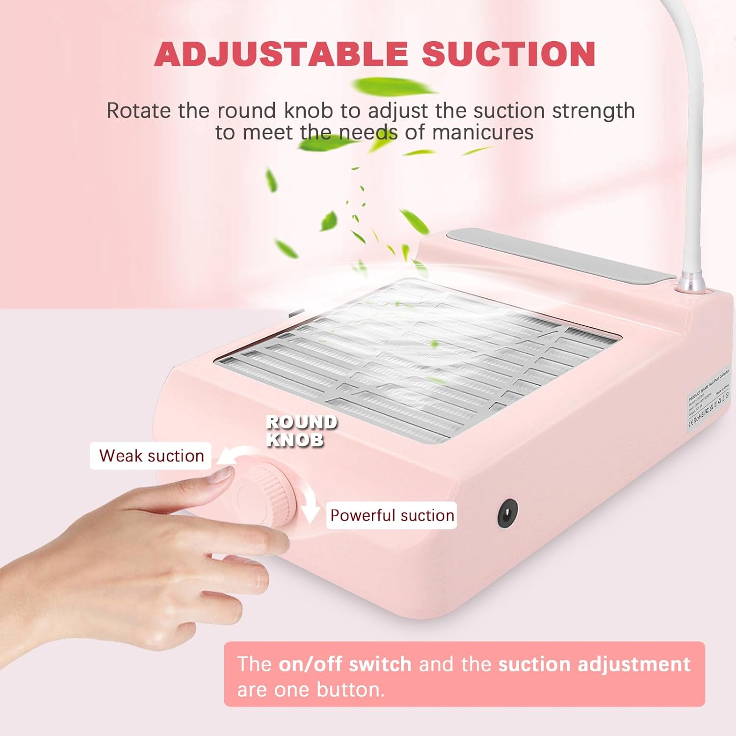 AONOLOVO Nail Dust Collector, Adjustable Suction, Professional Nail Fan Dust Collector with Light Manicure Dust Collector Nail Tech Vacuum Cleaner Machine for Acrylic Nails Removal, Pink image number 5