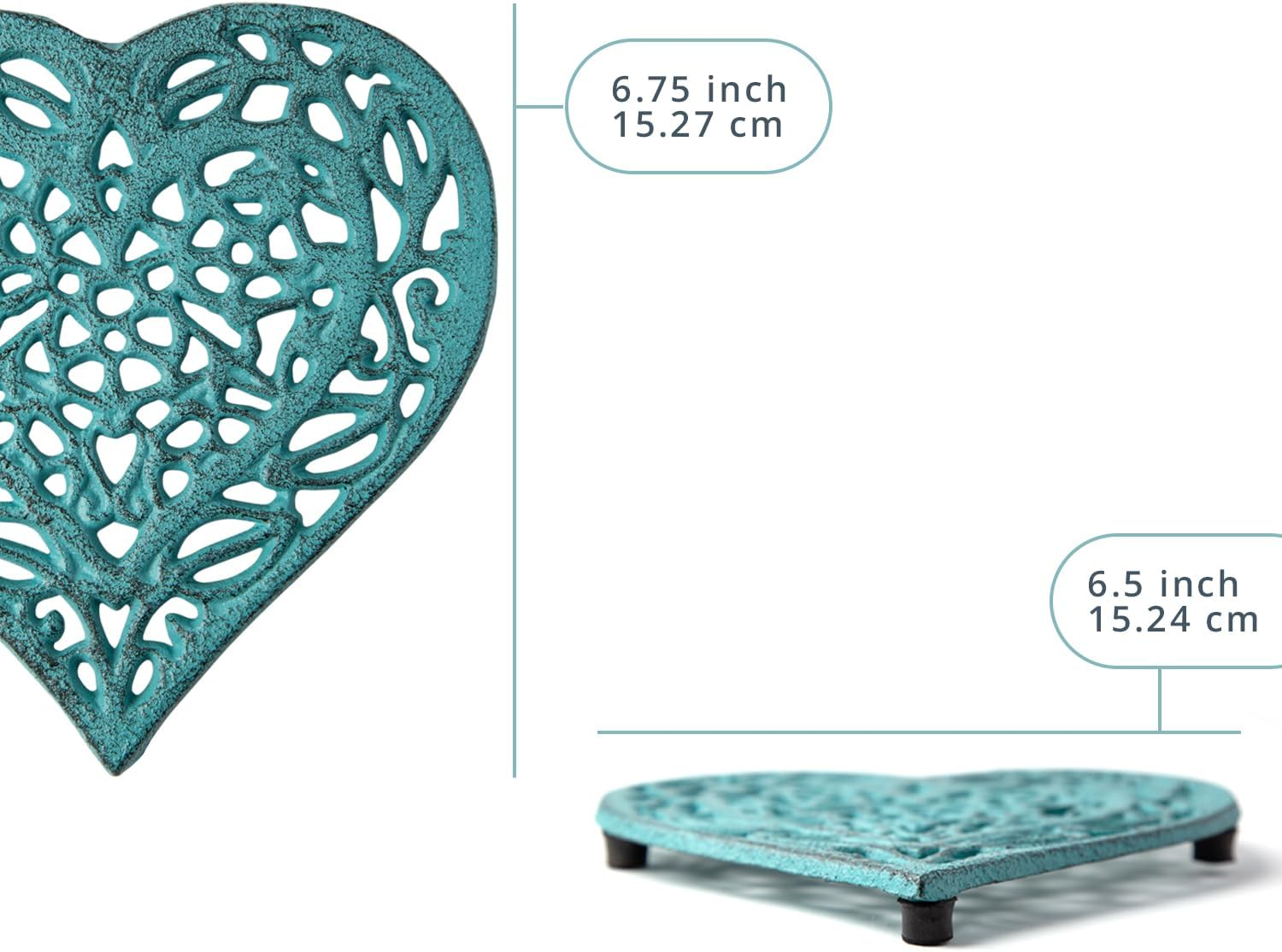 Cast Iron Heart Trivet - Decorative Cast Iron Trivet for Kitchen or Dining Table - Vintage, Rusted Design - 6.75X6.5" - with Rubber Pegs/Feet - Recycled Metal - Blue image number 5