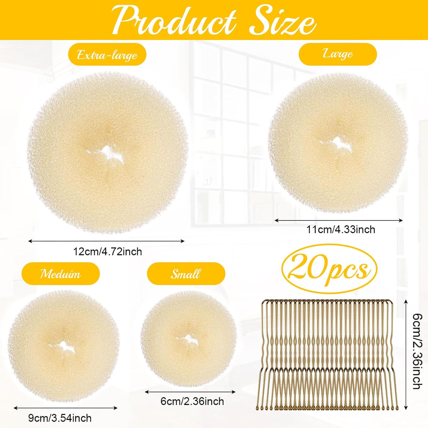 Soundzero 4-Piece Doughnut Hair Bun Set, Doughnut Hair Updo Accessories, Updo Accessories, Hair Doughnut Maker Set, for Hairstyle Dancers, Children, Girls, Women, Comes with 20 Hair Pins (Gold) image number 6