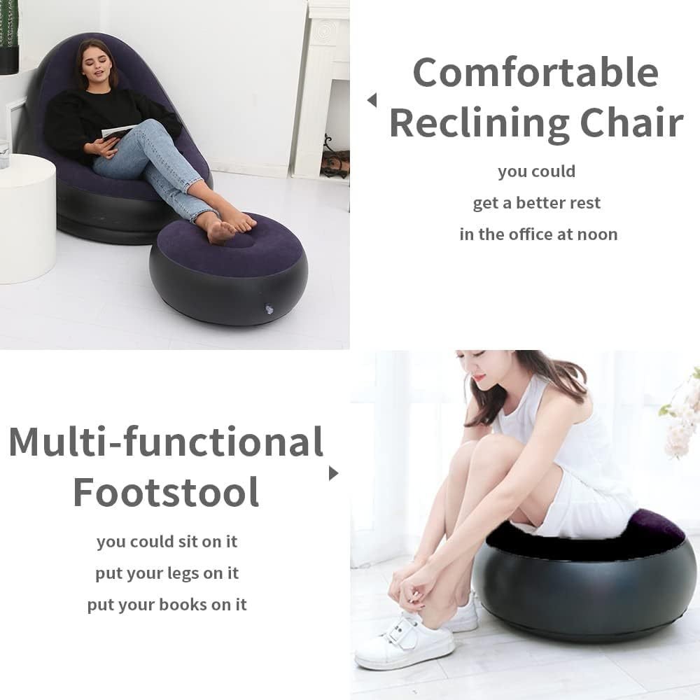 Inflatable Deck Chair with Household Air Pump Blow up Couch Lounger Sofa Set for Indoor Living Room Outdoor Travel Camping Picnic (Blue) image number 4