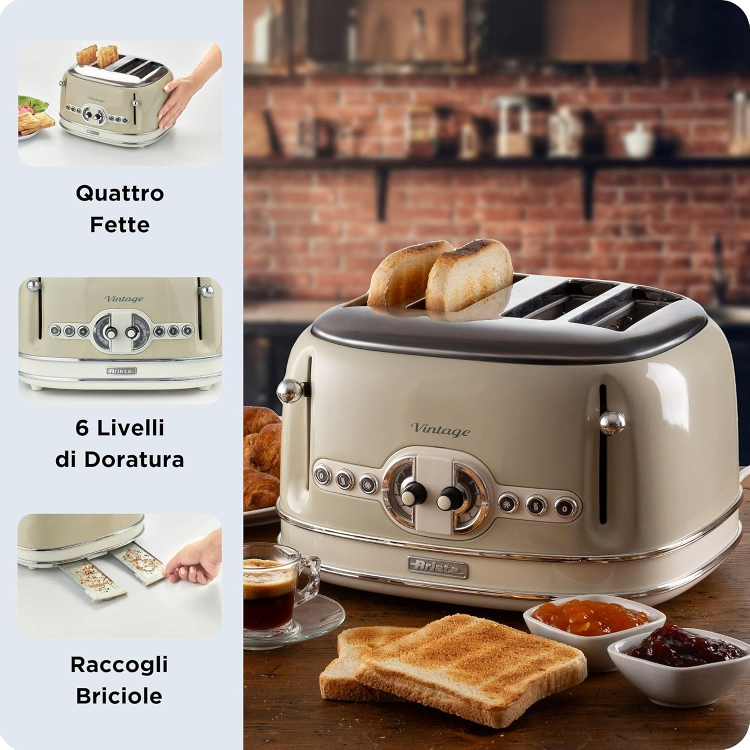 Ariete Vintage Series 4-Slice Toaster - Beige image number 6