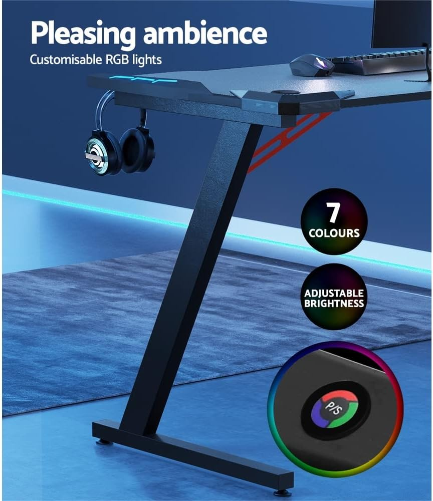 Artiss 140Cm Length Gaming Desk, Standing Computer Office Desks Study Table Work Tables Workstation Home Storage Furnishings, with RGB LED Lights Adjustable Cup Holder Headphone Hook Cable Holes Black image number 4