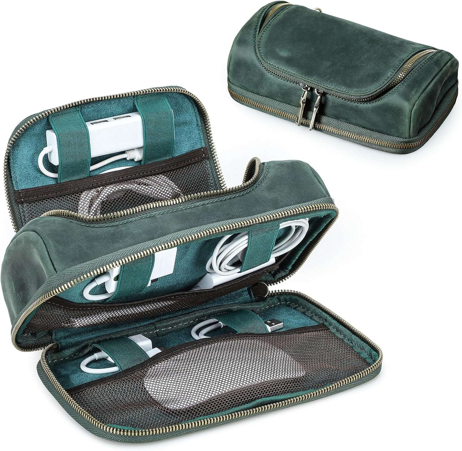 CONTACT'S FAMILY Electronic Organizer Zipper Bag Tech Pouch Handmade Crazy Horse Leather Portable Compact Electronics Travel Organiser Fits Laptop Tablet Cell Phone Accessories Coffee