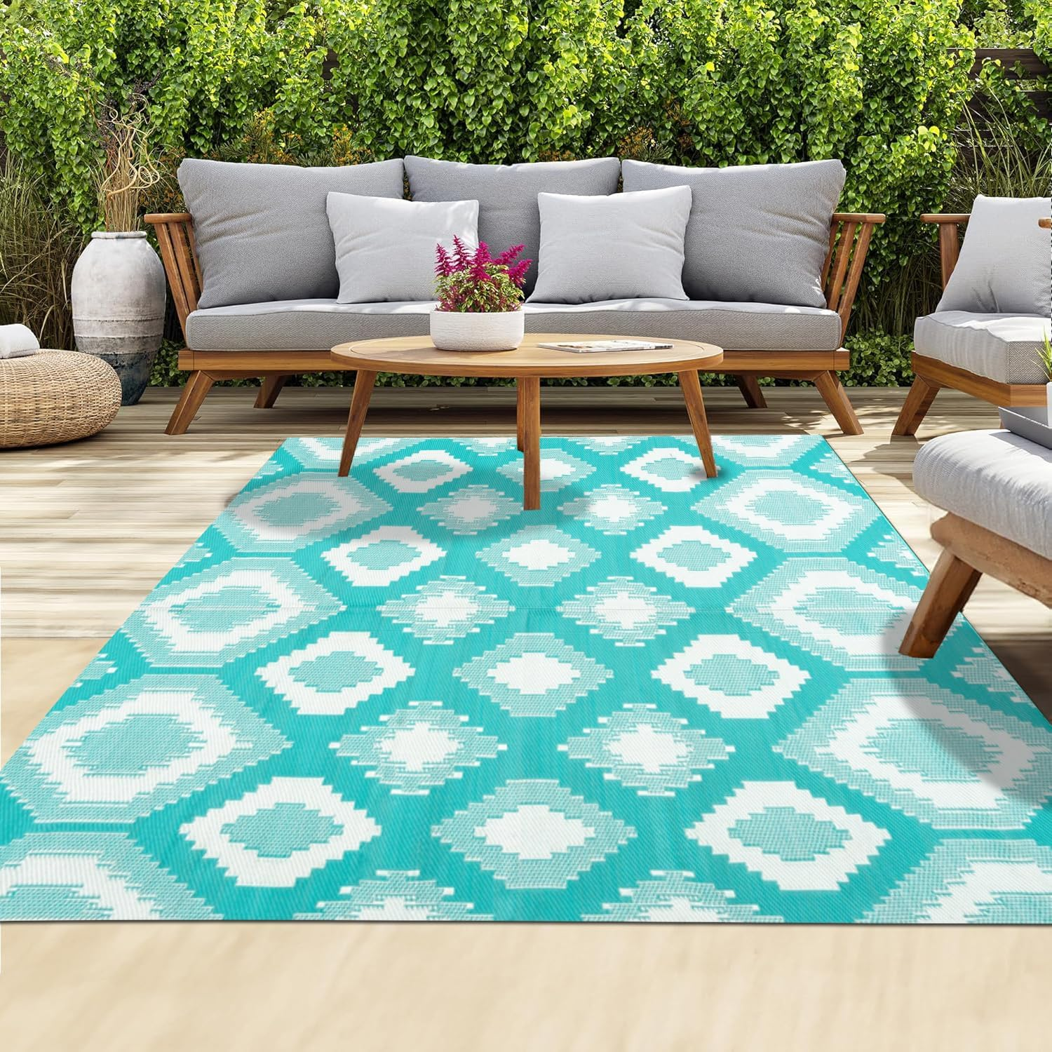 XCELERATOR Large Outdoor Rug for Patio, Reversible Portable Camping Rug, Weather Proof Plastic Straw Rug for RV Deck Camper Balcony, Positano 200 X 270 Cm Aqua and White image number 2