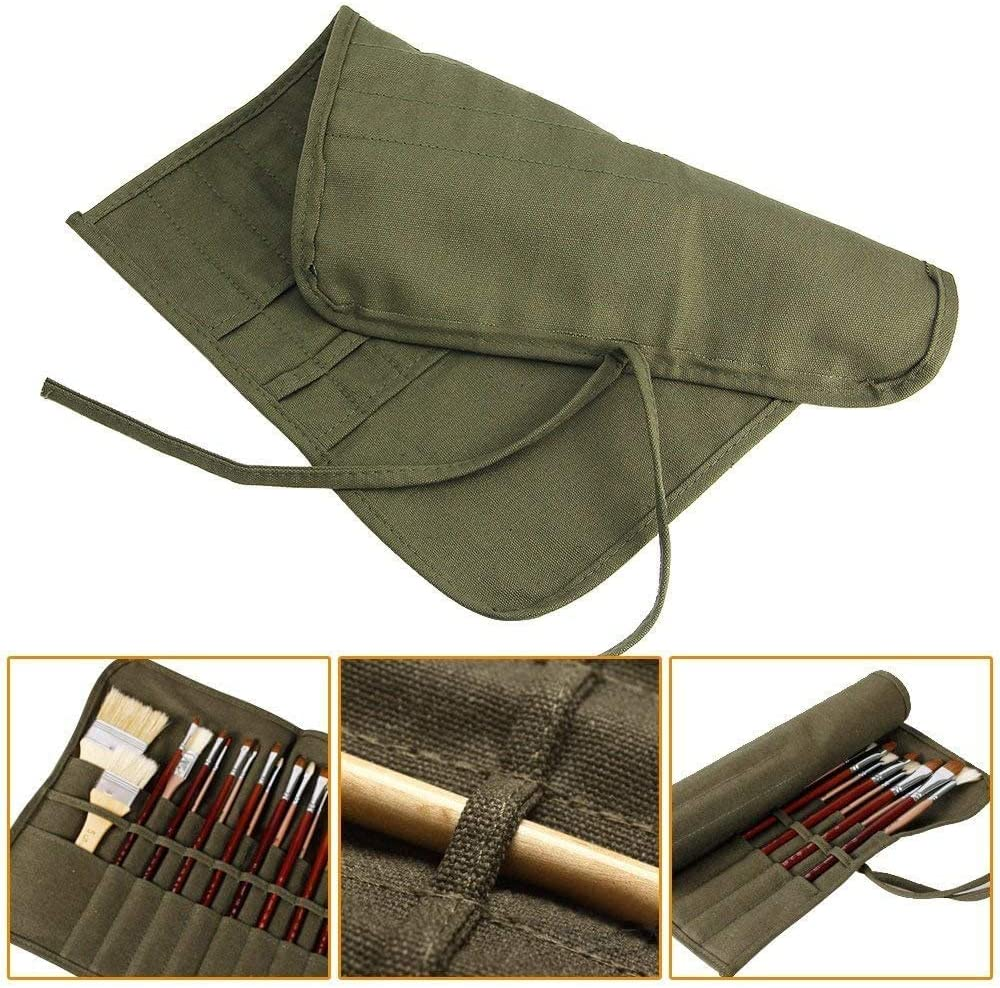 Paint Brush Roll Canvas Pouch, Army Green 22 Slots Holder, Artist Acrylic Oil Watercolour Case, Student Draw Pen Gouache Storage Bag image number 5