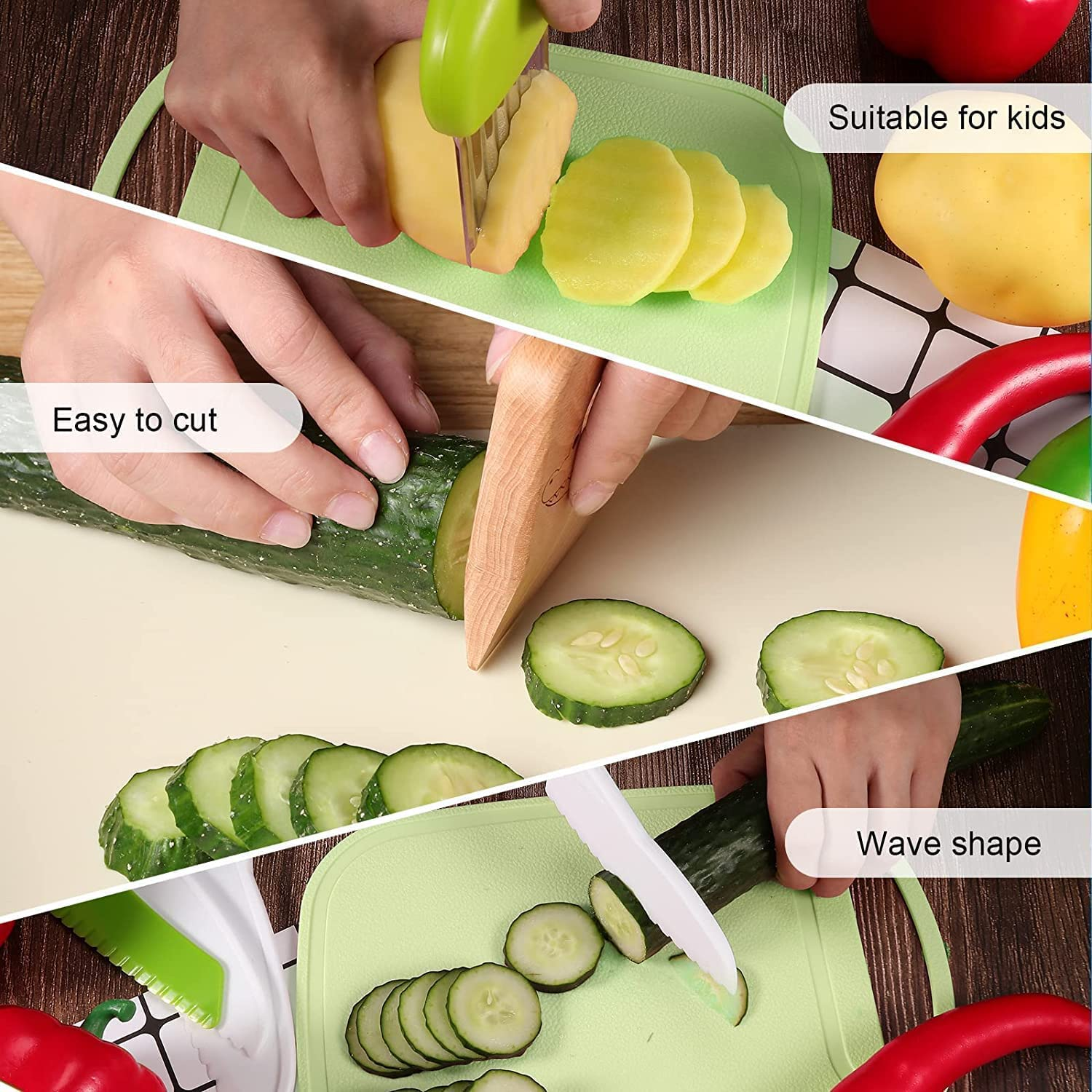 Wooden Kids Knife, Kids Safe Knives Set Include Wooden Toddler Knife for Cooking Plastic Potato Slicers Peeler Serrated Edges Veggies Knives for Kitchen Children Cooking (7PCS)