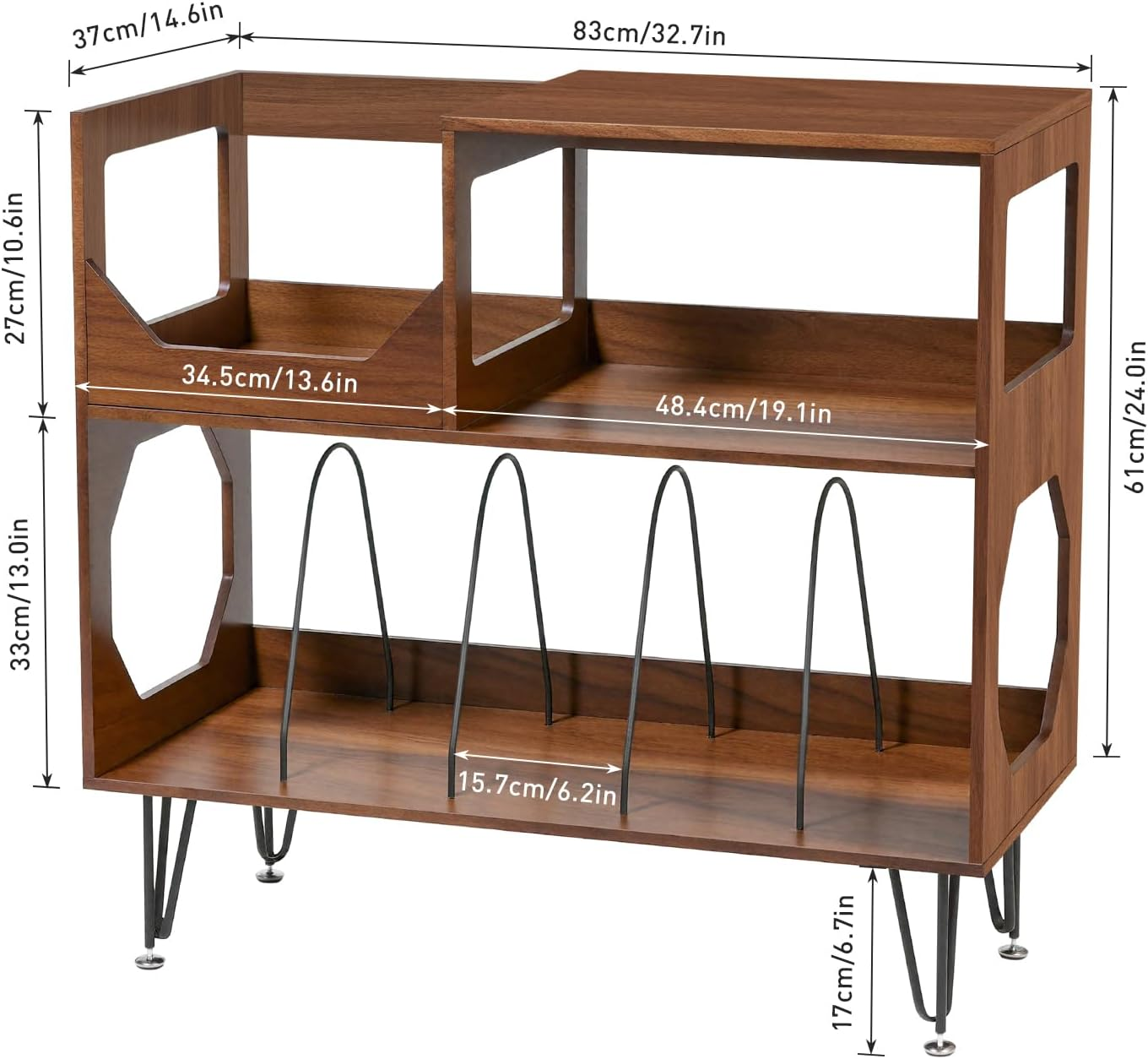 Large Record Player Stand, Vinyl Record with Storage, 2 Tier Record Player Cabinet for up to 370 Albums Turntable Stand with Vinyl Display Area and Metal Legs for Music Room Living Room - Walnut Brown image number 1