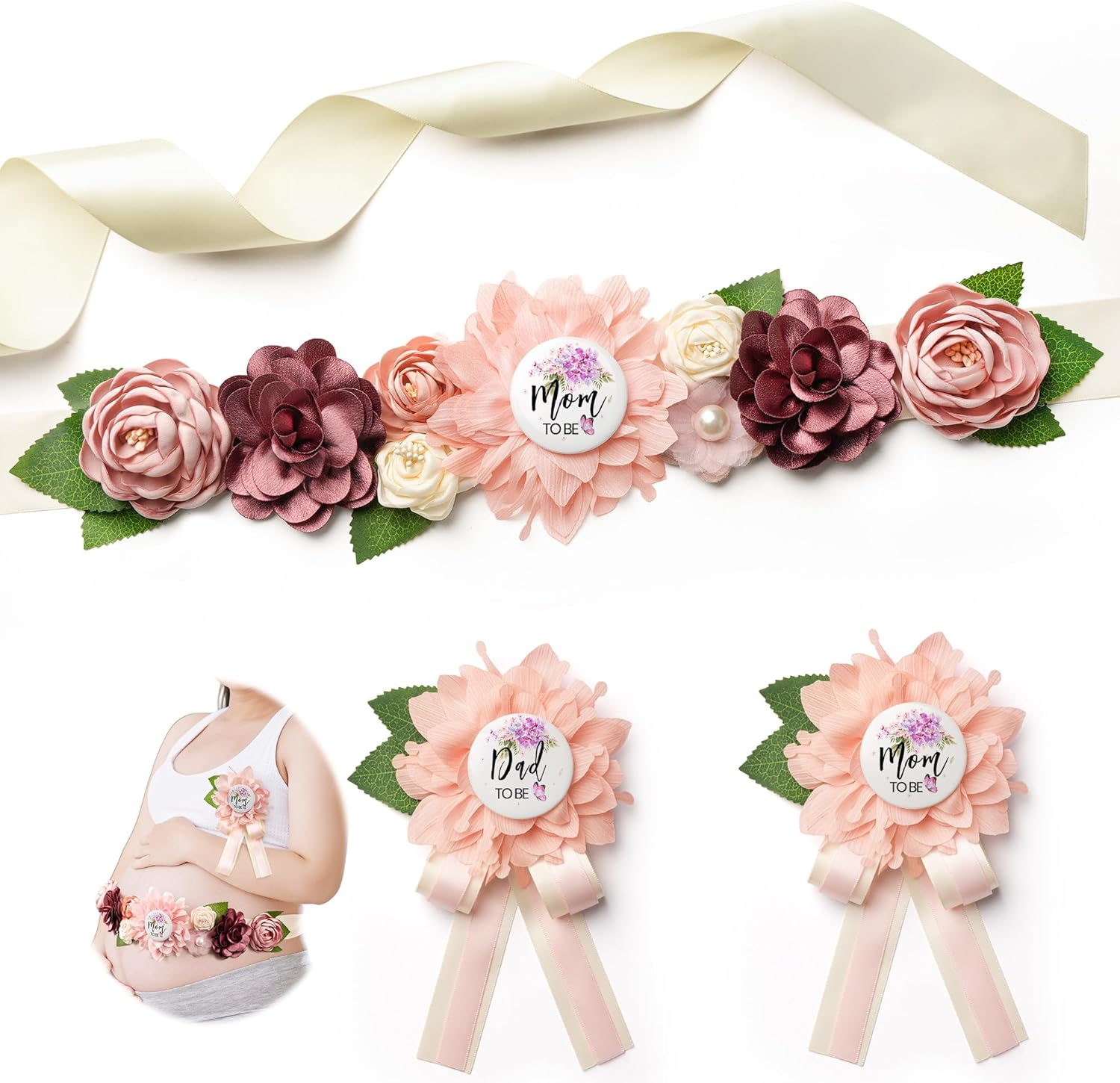 Mom to Be Pink Pregnancy Belly Band Floral Maternity Sash Belt for Baby Shower with Daddy to Be Pin, Gender Reveal Decorations for Mommy, Soft Chiffon Flower Sash Maternity Photography - Lotus Root Pink image number 6