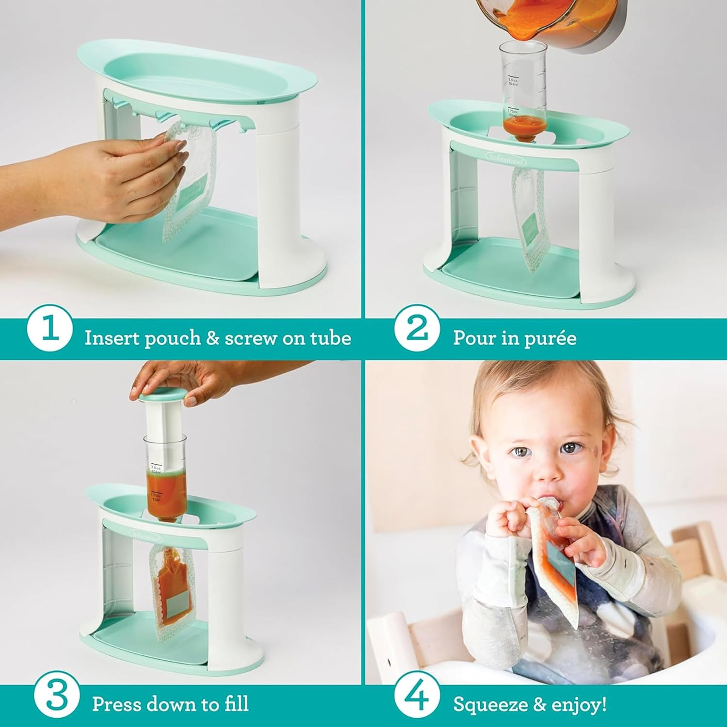 Infantino Squeeze Station, Baby Food Maker & Pouch Filler, Fill 3 Reusable Pouches at Once, Easy to Use, Dishwasher Safe, Homemade Baby Food Prep Essential, Teal image number 2