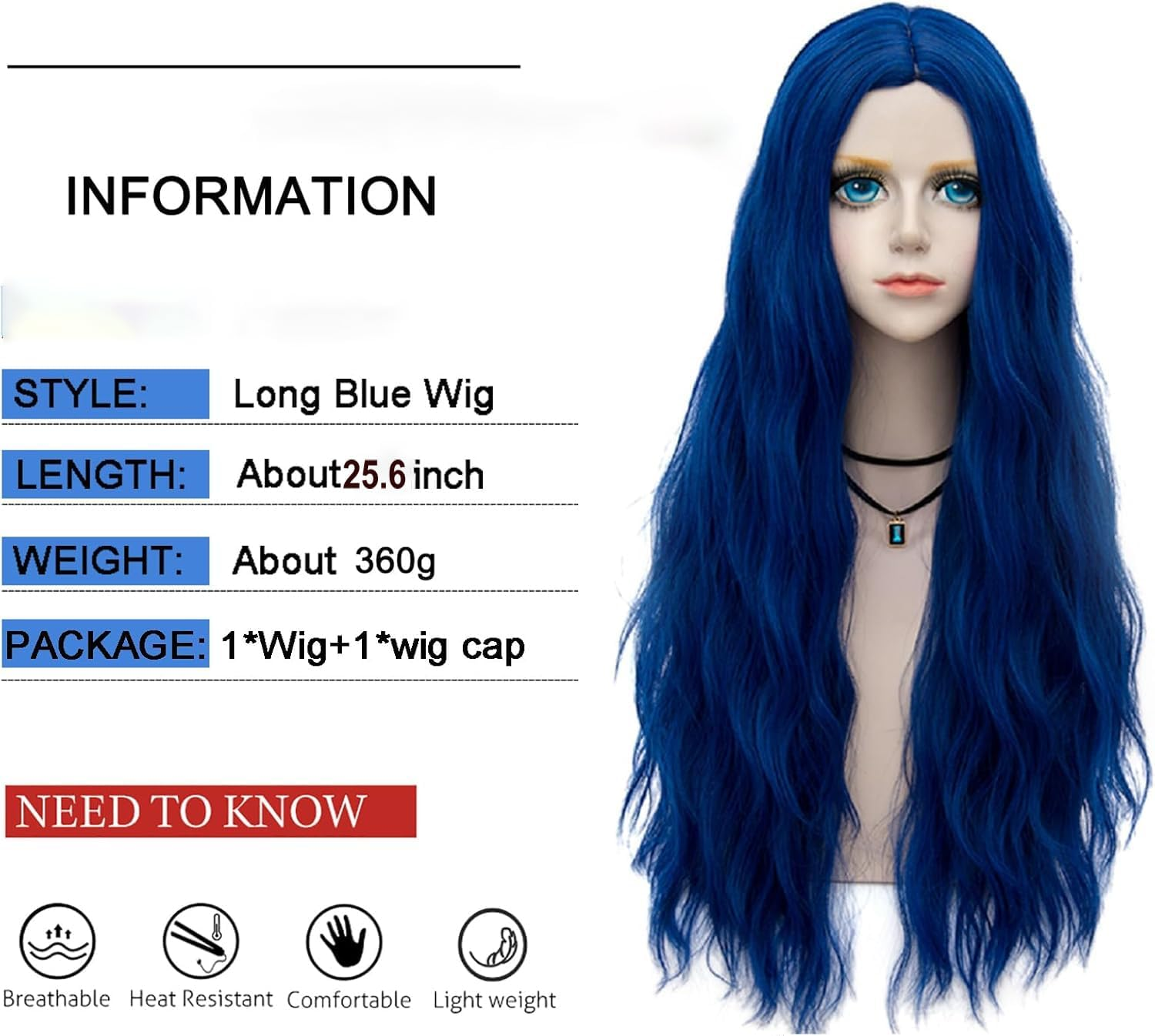 Blue Wig Long Royal Blue Bride Wig for Women Synthetic Wigs Long Curly Wave Cosplay Wig for Halloween Corpse Costume image number 1