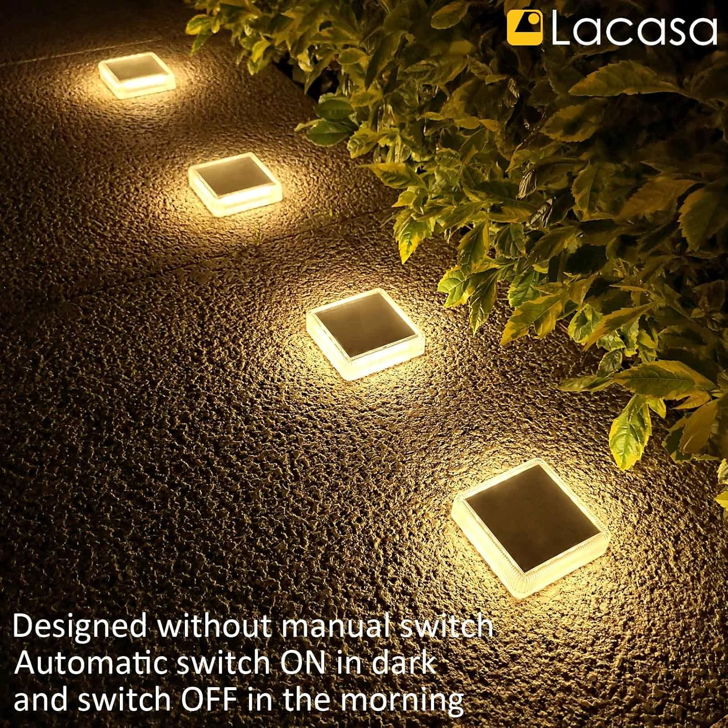 Lacasa 4-Pack Solar Deck Lights Outdoor Waterproof LED, Garden Step Lights Solar Powered Driveway Dock Lights Marine, Dusk to Dawn Lighting for Yard Patio Pathway, Square, Warm White image number 1