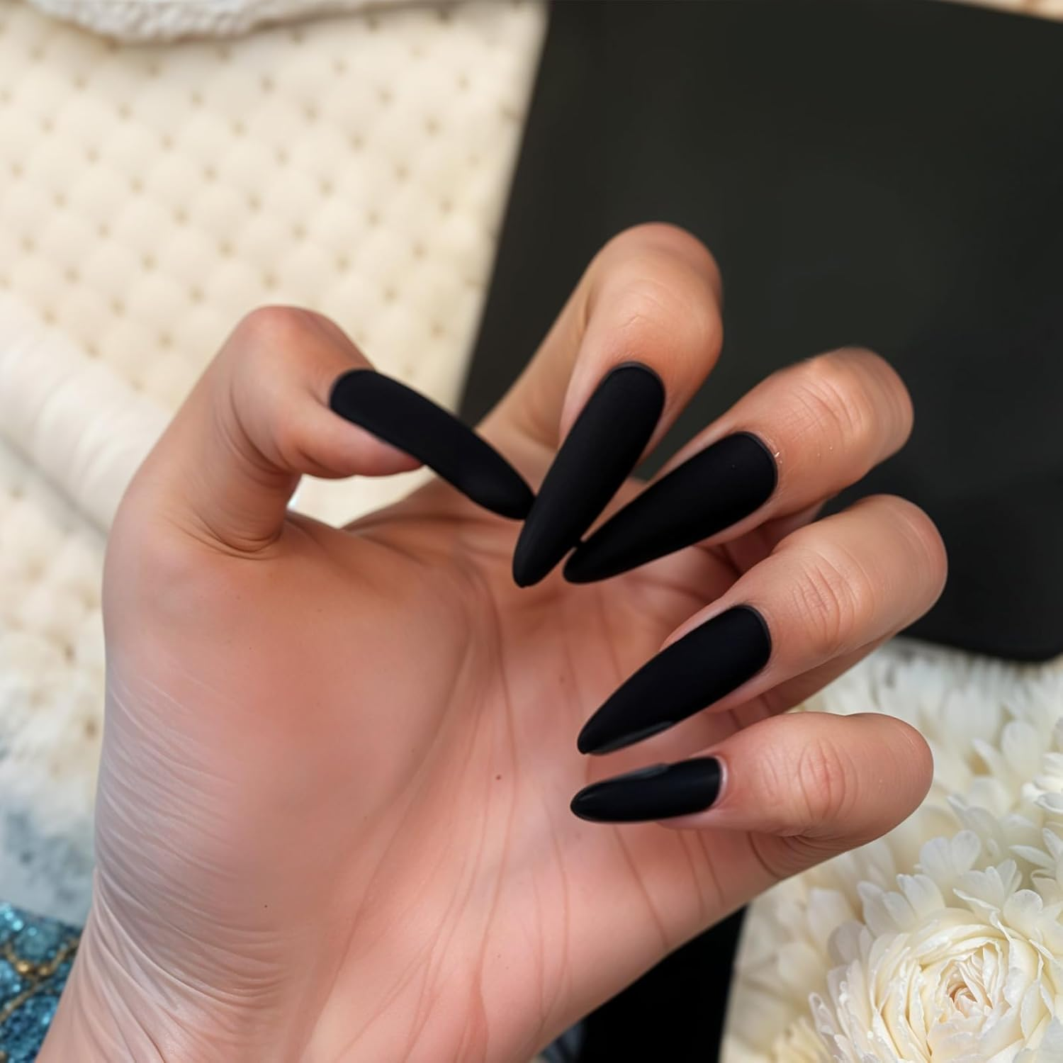 Pack of 100 Press on Nails Black, Almond Shaped False Nails, Medium Length Artificial Nail Tips, Glue on Nails for Women, Stiletto Press Ons image number 5