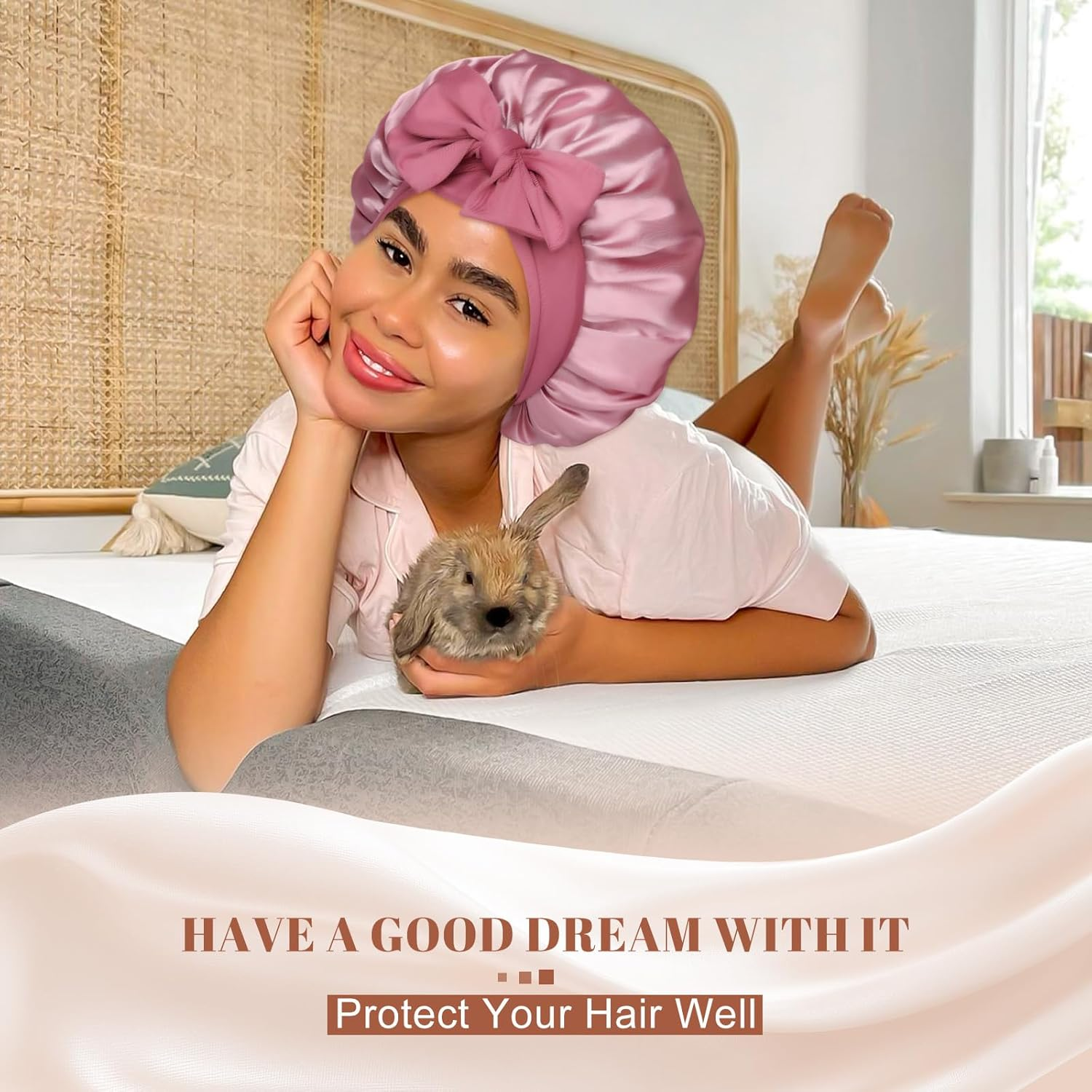 Satin Bonnet Silk Bonnet for Sleeping Silk Sleep Cap Double Layer Hair Bonnet with Elastic Tie Band for Curly Hair Night Cap (Bean Paste + Pink) image number 3