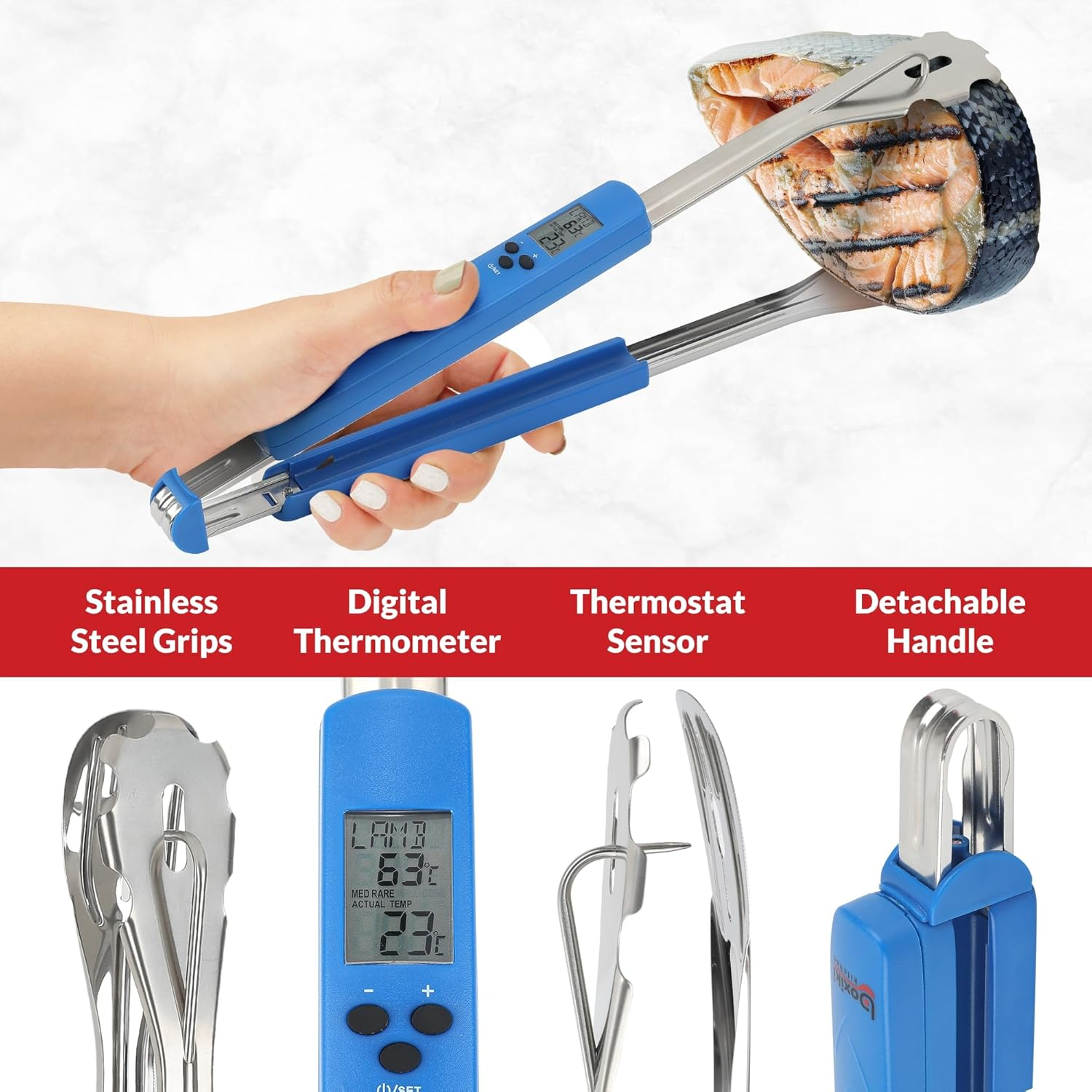 Kitchen Tongs with Thermometer for Instant Read Out - Multifunctional Long Stainless Steel BBQ Tongs for Outdoor Grilling, Cooking, Barbecue, Buffet and Turning Food - Size 15.7 Inch image number 1