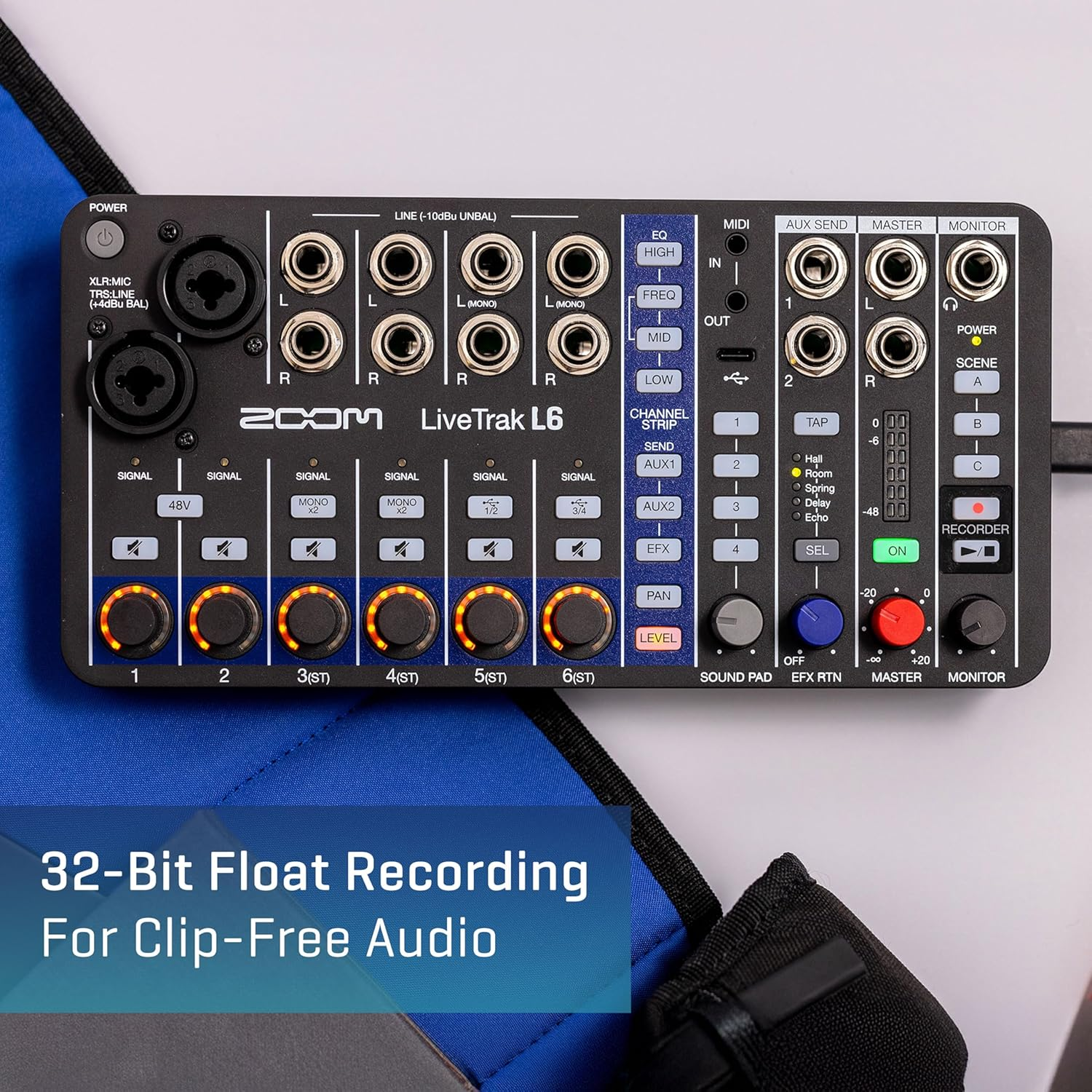 Zoom Livetrak L6 Digital Mixer/Recorder, Battery Powered, 32-Bit Float, 10-Channels, 2 Combo + 4 Stereo Inputs, MIDI, Effects, Sound Pads, 3-Band EQ, Audio Interface, for Music & Streaming image number 1