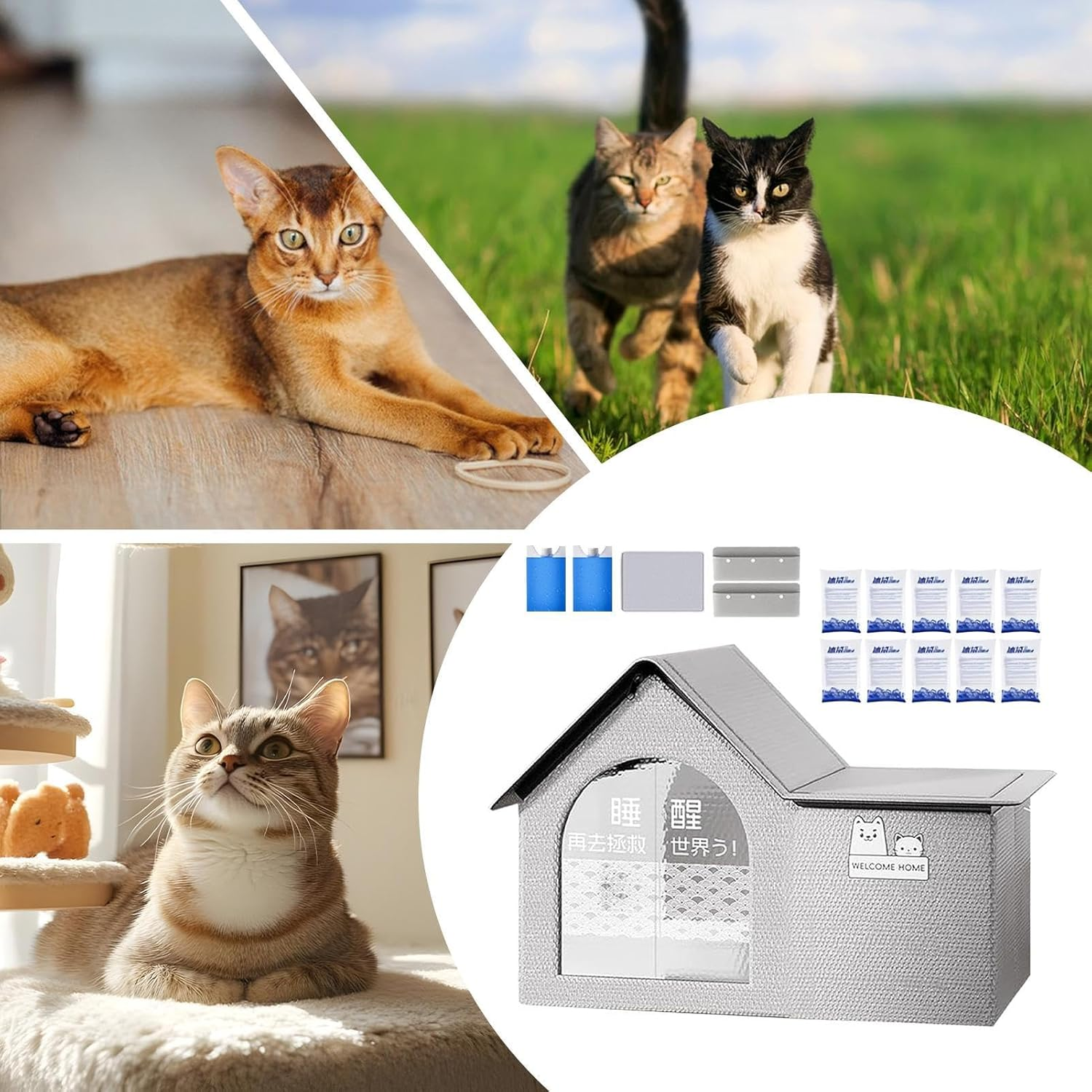 Outdoor Cat House for Summer | Foldable Cooling Tent for Pets,Dog Shelter with Ice Bags Portable Pet Cave Tent Bed for Balcony Travel Beach Apartment Patio