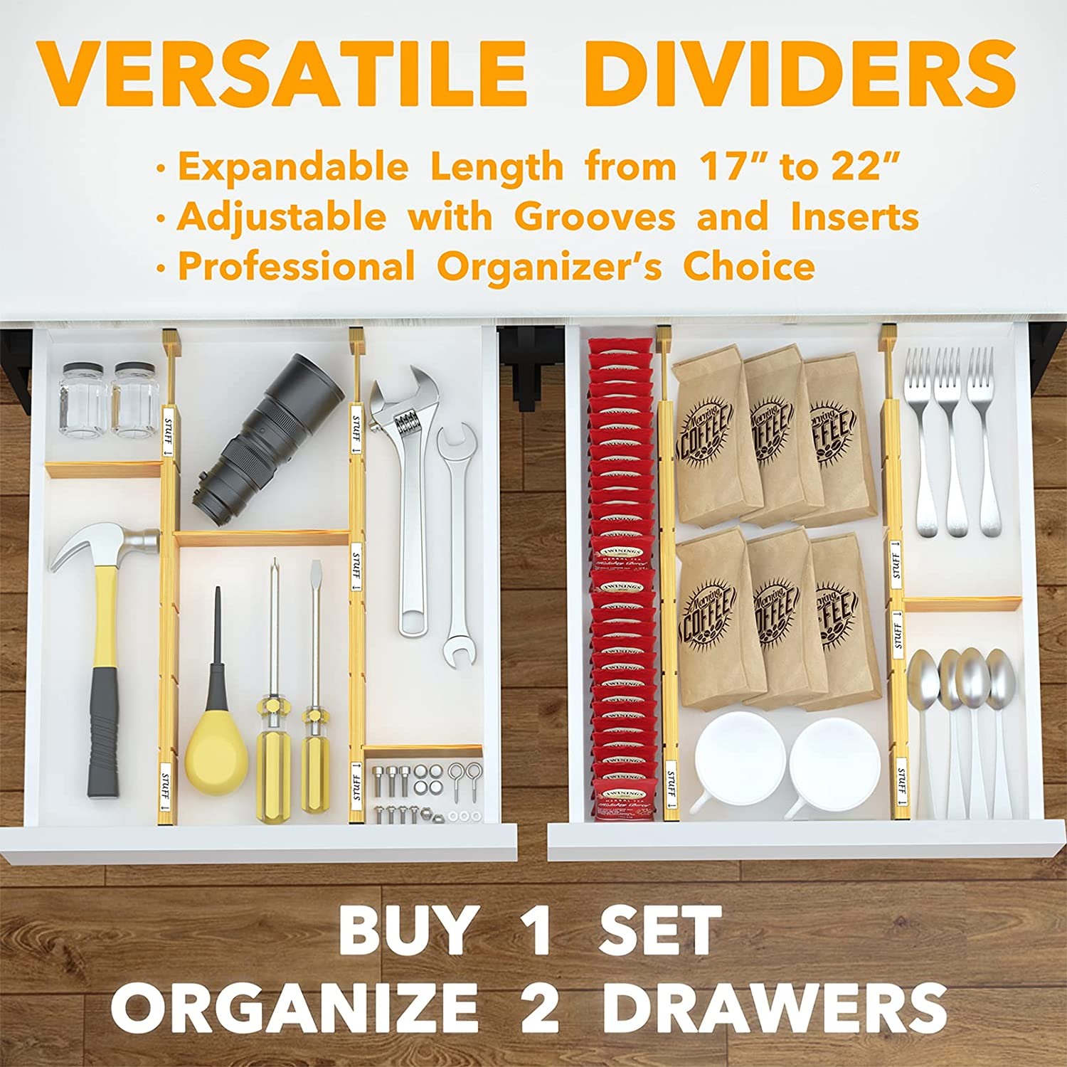 Spaceaid Bamboo Drawer Dividers with Inserts and Labels, Kitchen Adjustable Drawer Organizers, Expandable Organization for Home, Office, Dressers, 4 Dividers with 9 Inserts (17-22 In)