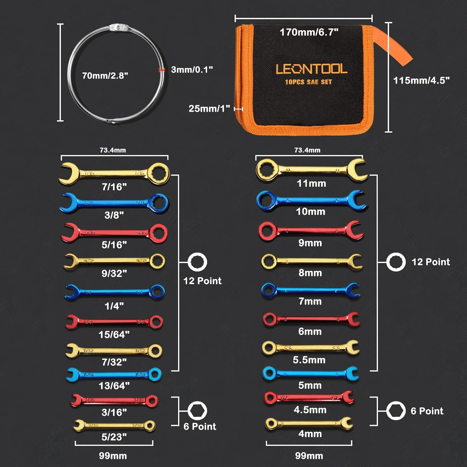 LEONTOOL Small Combination Wrench Sets Metric and Standard 20 PCS 4-11Mm & 5/32" to 7/16" Color Plated Open and Box End Mini Wrenches with Key Ring Ignition Wrench Set with Zipper Bag