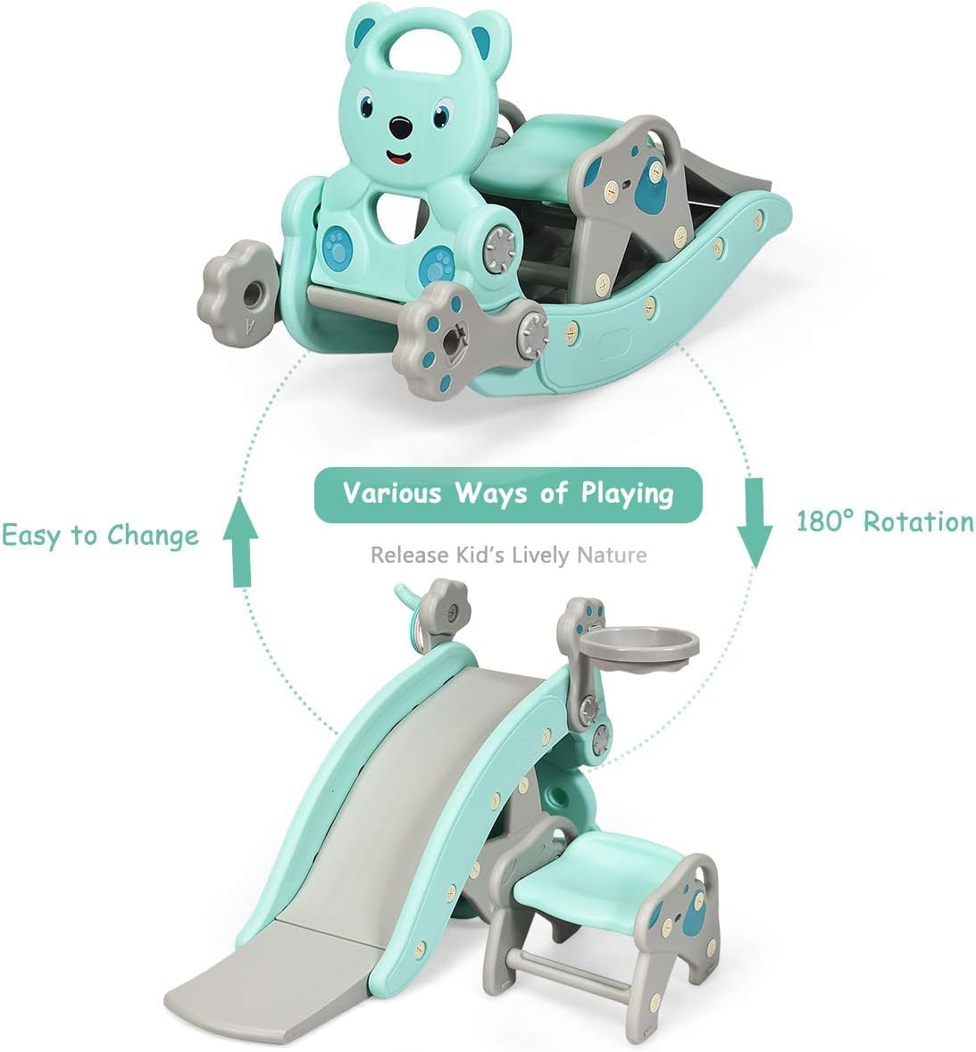 HONEY JOY 4-In-1 Kids Rocking Horse, Portable Toddler Ride on Rocking Toy with Slide, Basketball Hoop & Ring-Toss Game, Foldable Toddler Playground Slide Climber for Boys and Girls (Blue Bear) image number 2