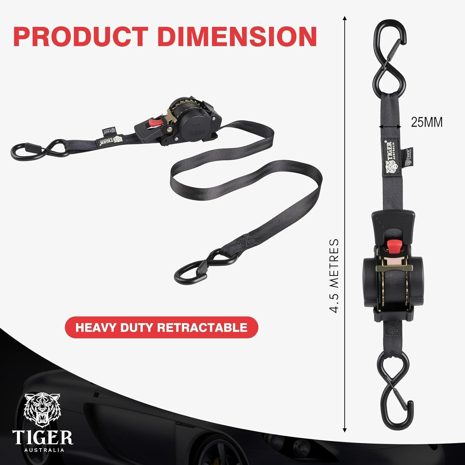 Tiger Australia Auto Slow-Retracting Design Ratchet Straps 4 Pack &ndash; 25Mm X 4.5M Tie down Straps, Upgraded to Stainless Steel Spring, S-Hooks & Storage Bag, for Trailers, Utes, Boats & Moving - Orange image number 3
