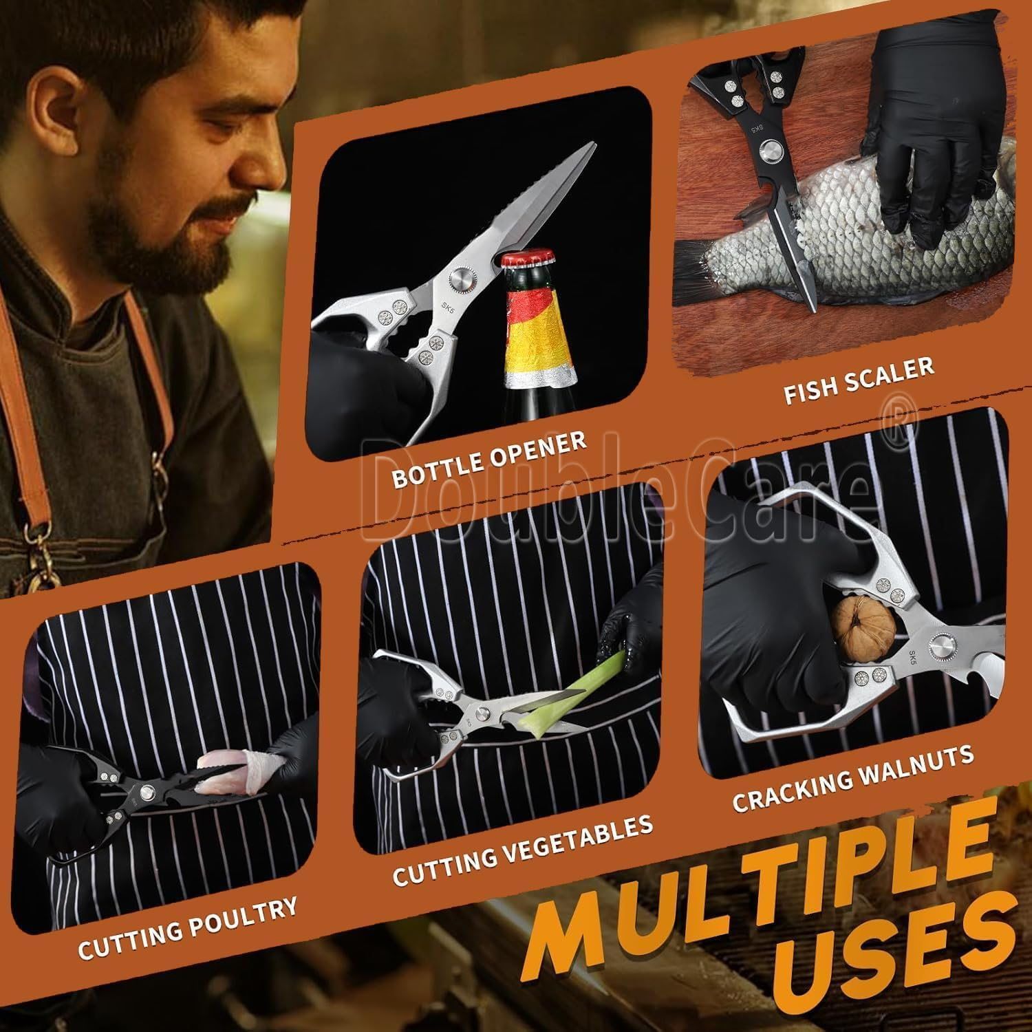 2PCS Kitchen Scissors, 9.06" Utility All Purpose Metal Handle Poultry Shears, Sharp Stainless Steel Cooking Food Scissors, Heavy Duty Dishwasher Safe, for Cutting Meat, Chicken, Turkey, Nuts, Fish image number 4