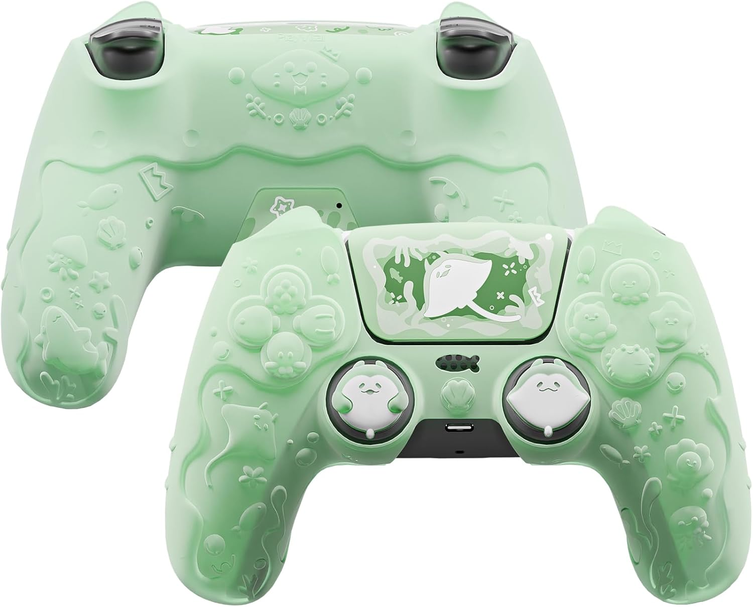 Playvital for PS5 Controller Cover Skin - Cute Ocean Whisper Series Semi-Clear Silicone Case for PS5 Controller with Thumb Grip & Sticker, Charging Station Compatible, Full Protection - Mint Blue