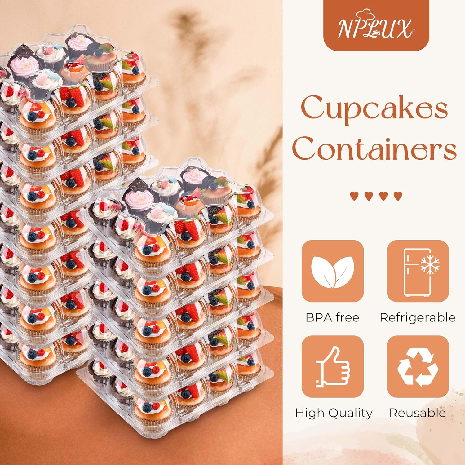 NPLUX 12 Count Cupcake Containers 6 Pack Cupcake Holders Plastic Clear Reusable Cupcake Containers with Detachable Tall Dome Lids Stackable Cupcake Boxes for 72 Cupcakes, BPA Free, Standard Size image number 5