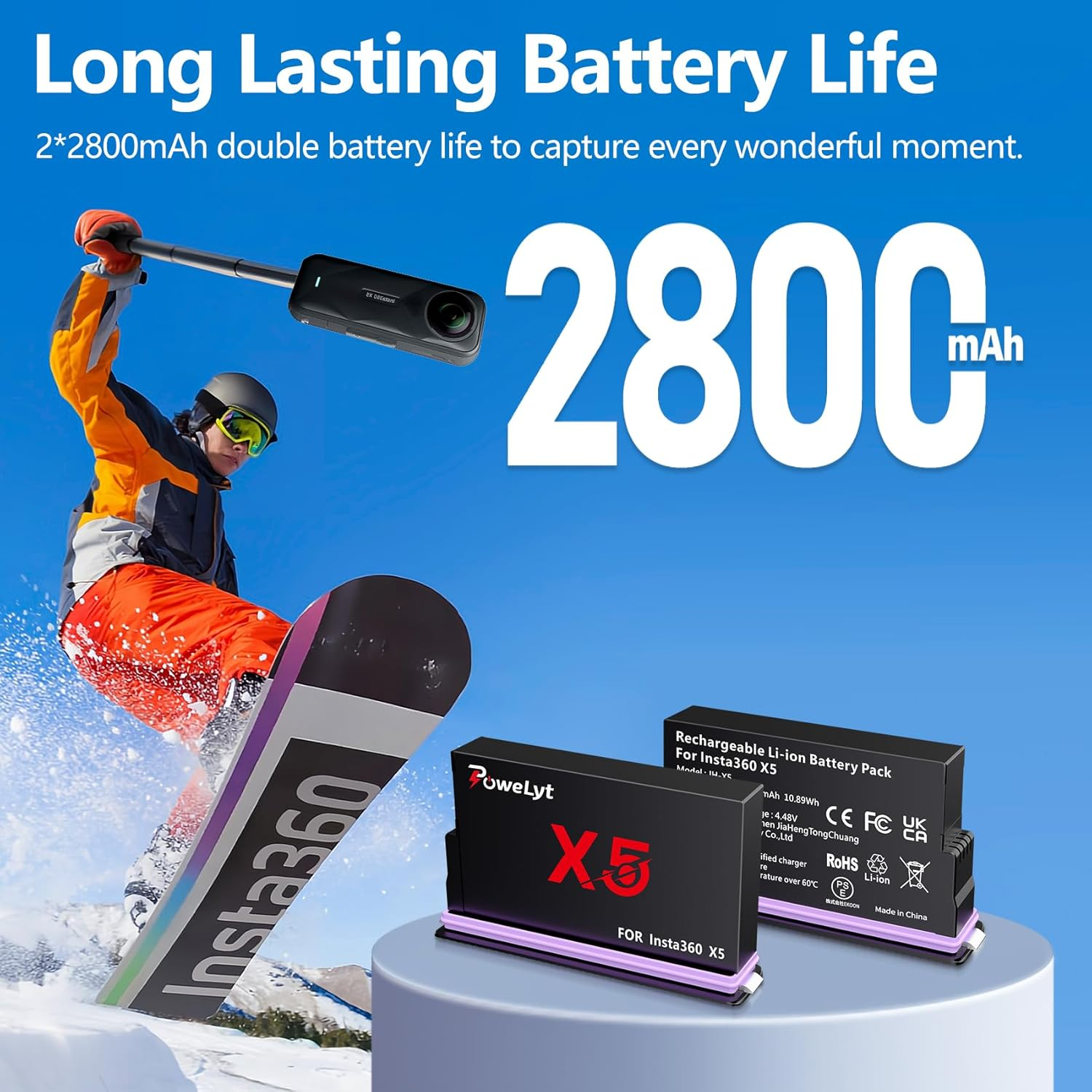 Powelyt 360 X5 Battery Charger Set 2 Packs 2800Mah Waterproof X5 Batteries and 2 Channels X5 Battery Charger with Battery Case Can Store Misro SD Card Fully Compatible with Insta360 X5 Action Camera