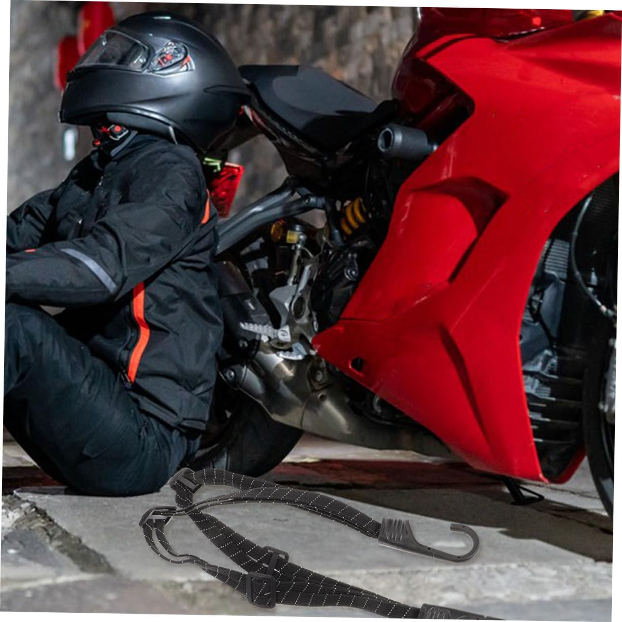 Amosfun 2Pcs Motorcycle Helmet Holder Elastic Bungee Straps with Reflective Rope, Luggage Fixed Strap for Cycling and Motorbike Accessories, Sturdy Tie-Downs for Outdoor Travel image number 4