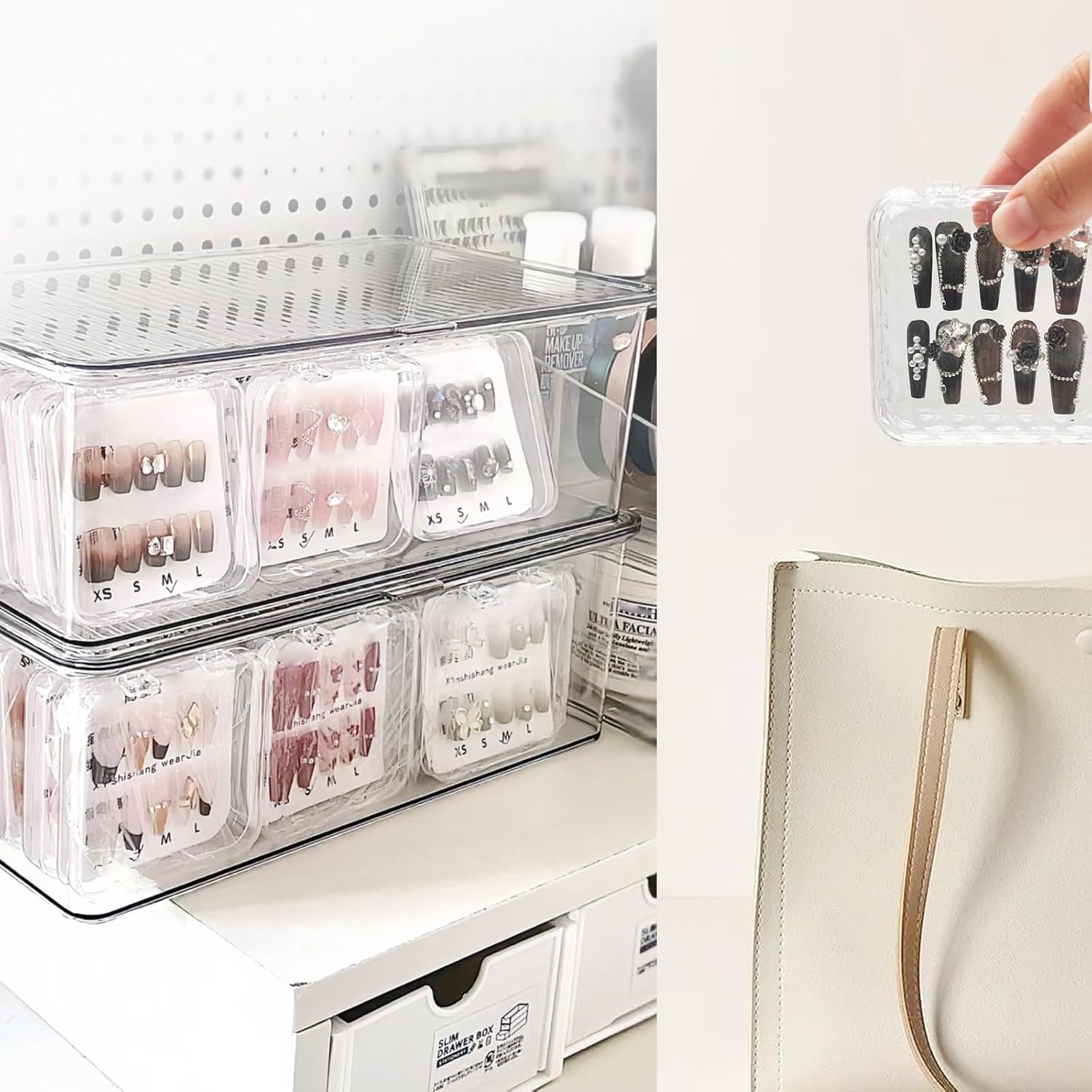 Daily Treasures 92Pcs Press on Nails Packaging Set,16Pcs Rhombic Nail Storage Box(7.5&times;7.5Cm)&60Pcs Upgraded Double Sided Tape &16Pcs Self-Adhesive Bags,Transparent False Nail Display for Nail Business image number 2